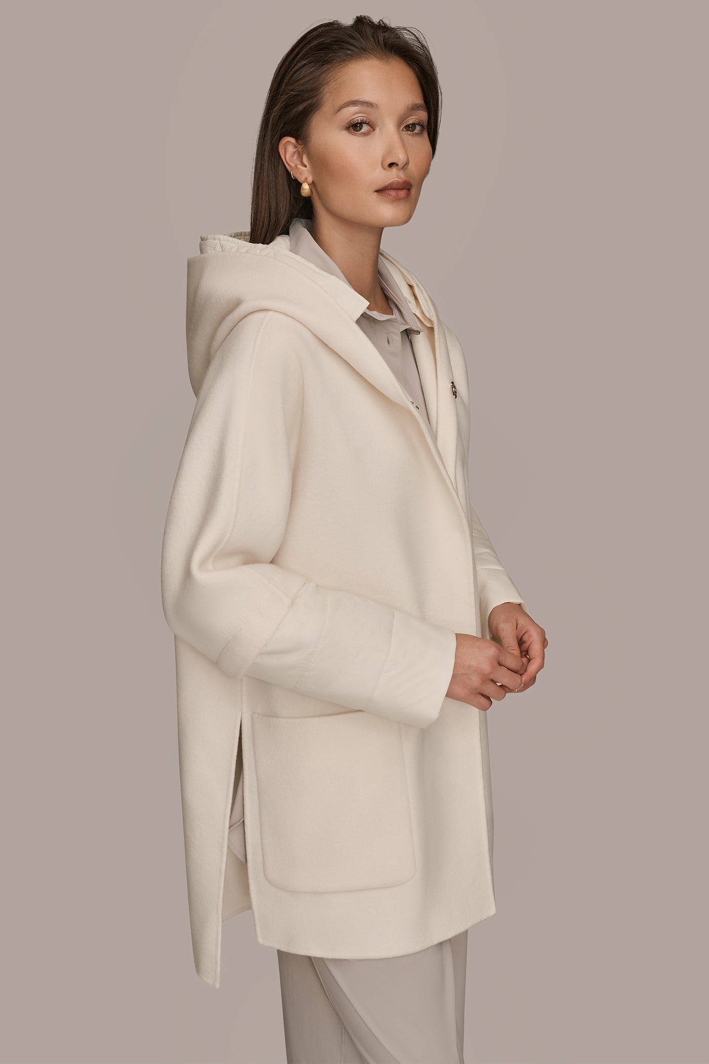 CREAM HOODED WOOL-BLEND CAPE COAT Donna Karan