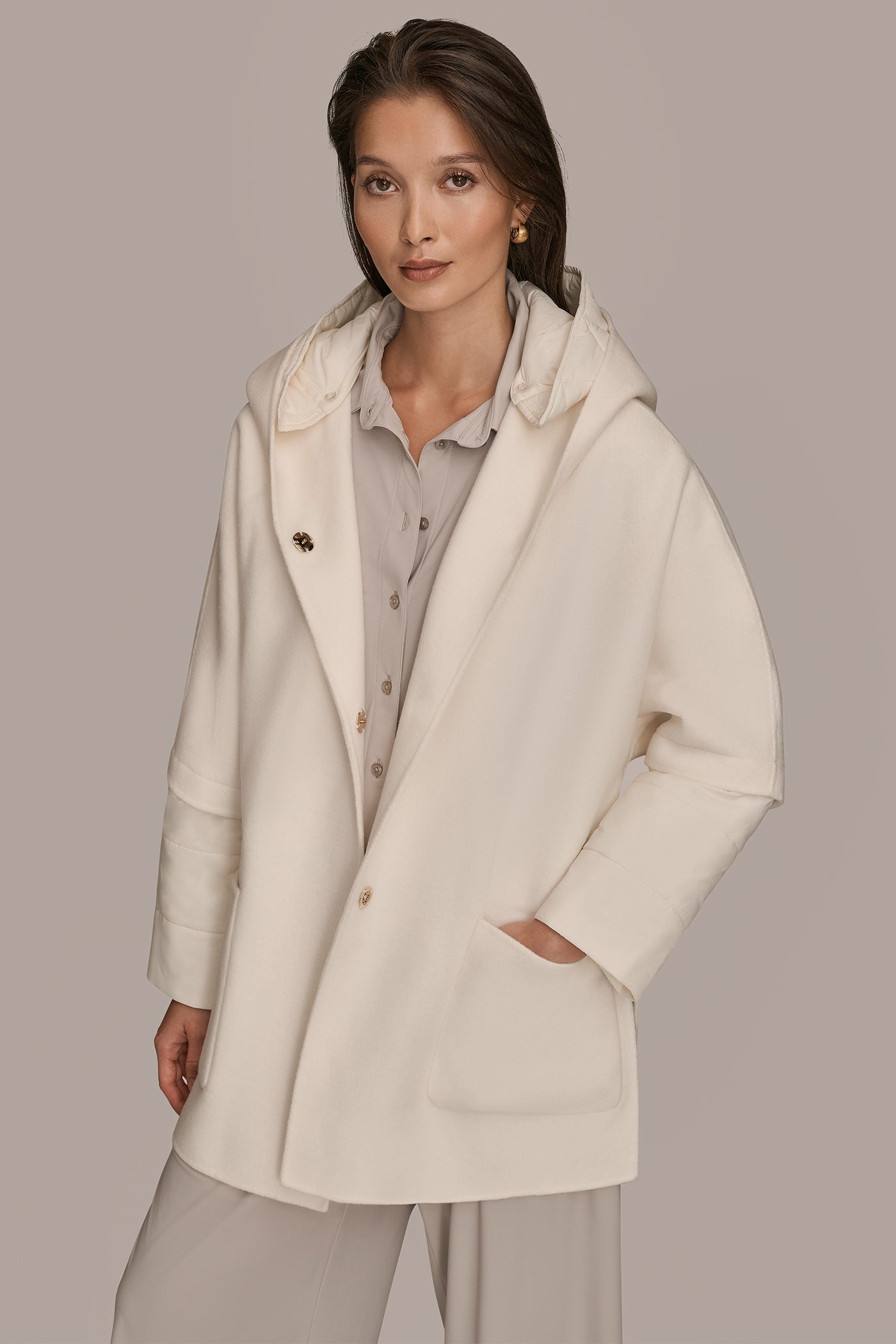 CREAM HOODED WOOL-BLEND CAPE COAT Donna Karan