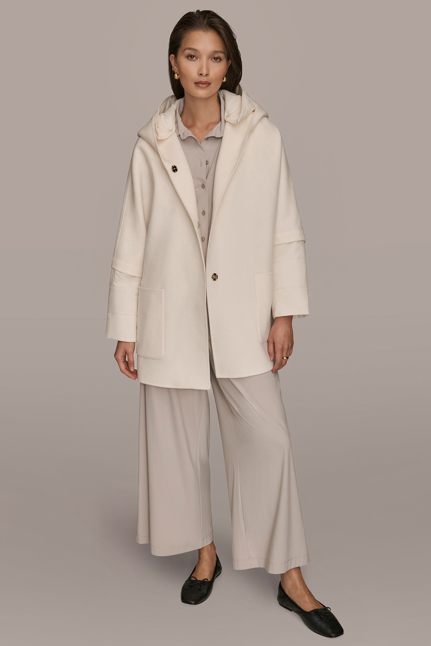 CREAM HOODED WOOL-BLEND CAPE COAT Donna Karan