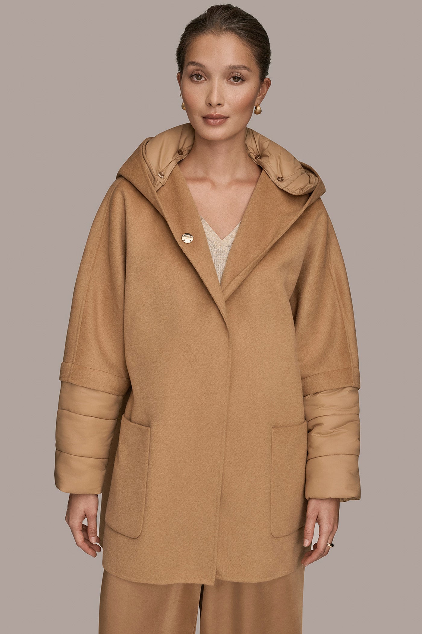 FAWN HOODED WOOL-BLEND CAPE COAT Donna Karan