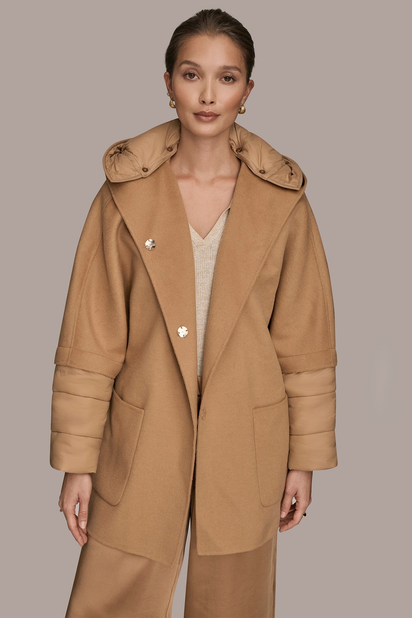 FAWN HOODED WOOL-BLEND CAPE COAT Donna Karan