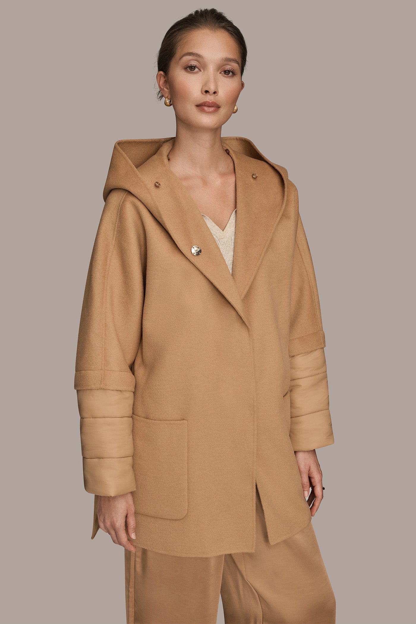 FAWN HOODED WOOL-BLEND CAPE COAT Donna Karan