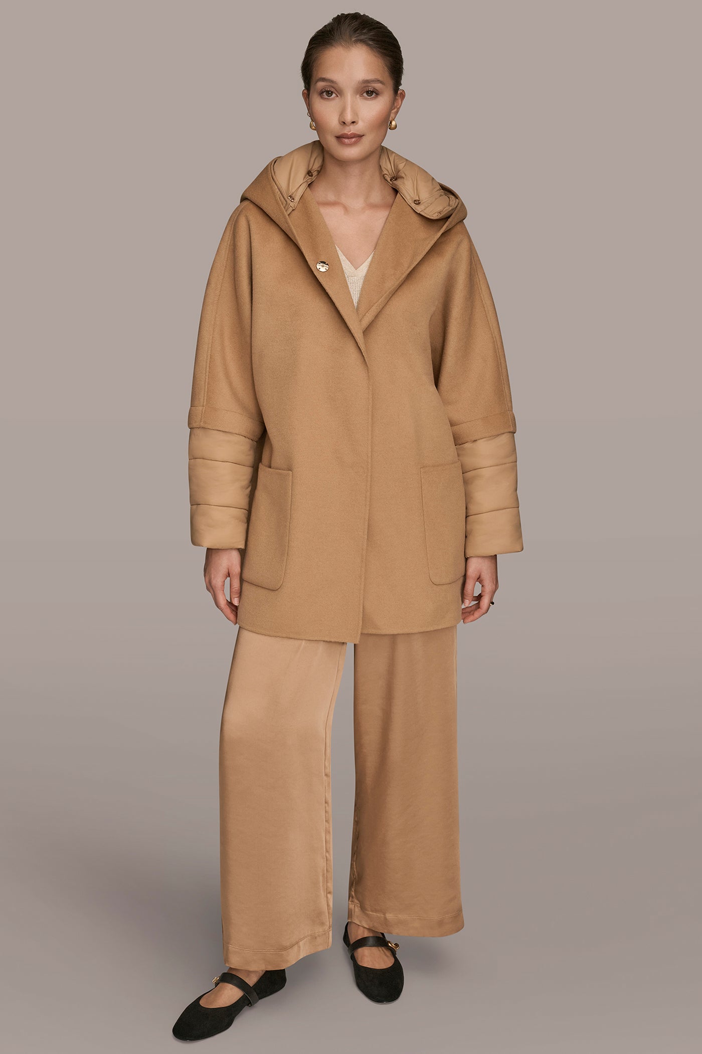 FAWN HOODED WOOL-BLEND CAPE COAT Donna Karan