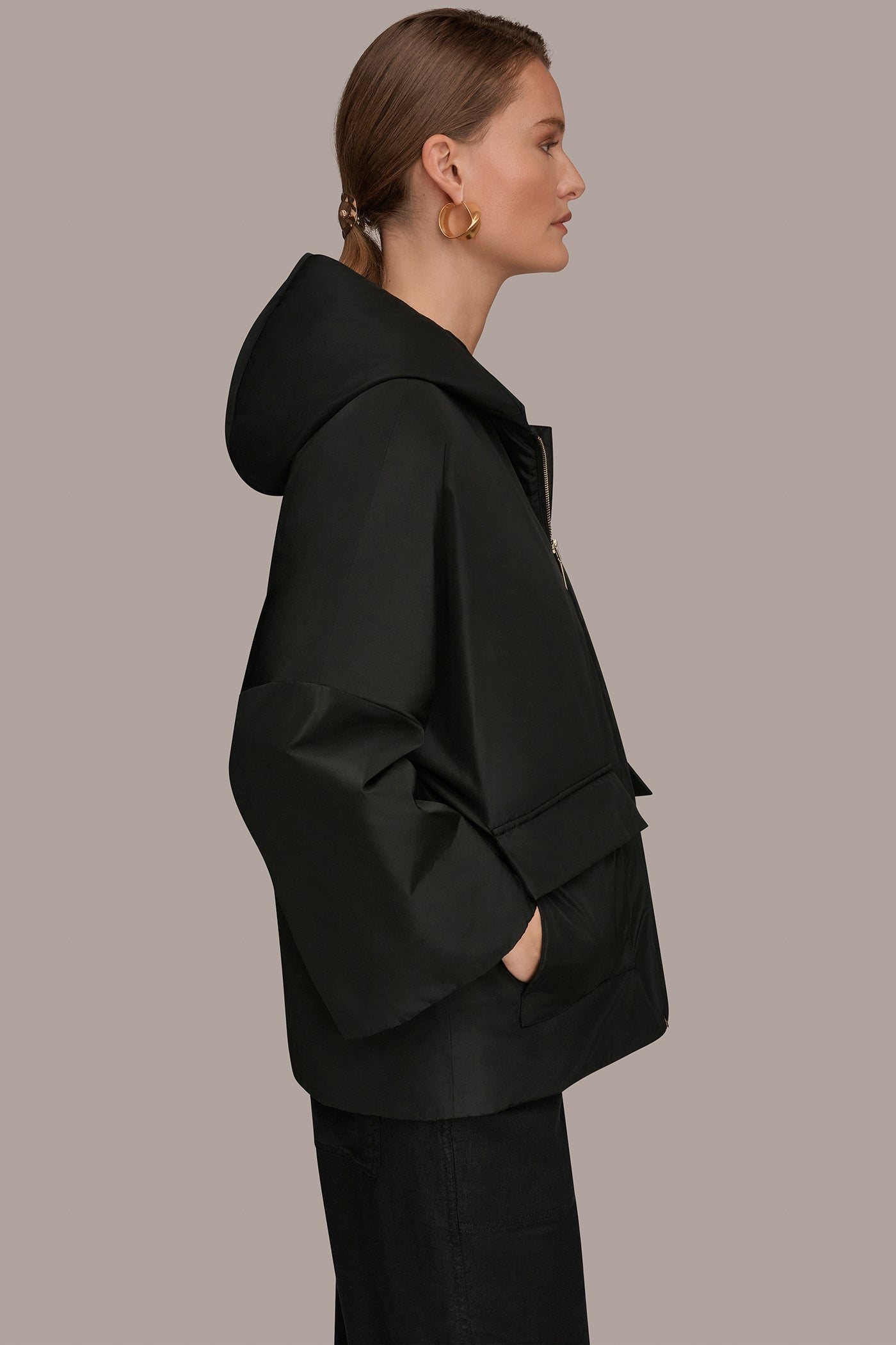 Black HOODED LIGHT QUILT JACKET Donna Karan