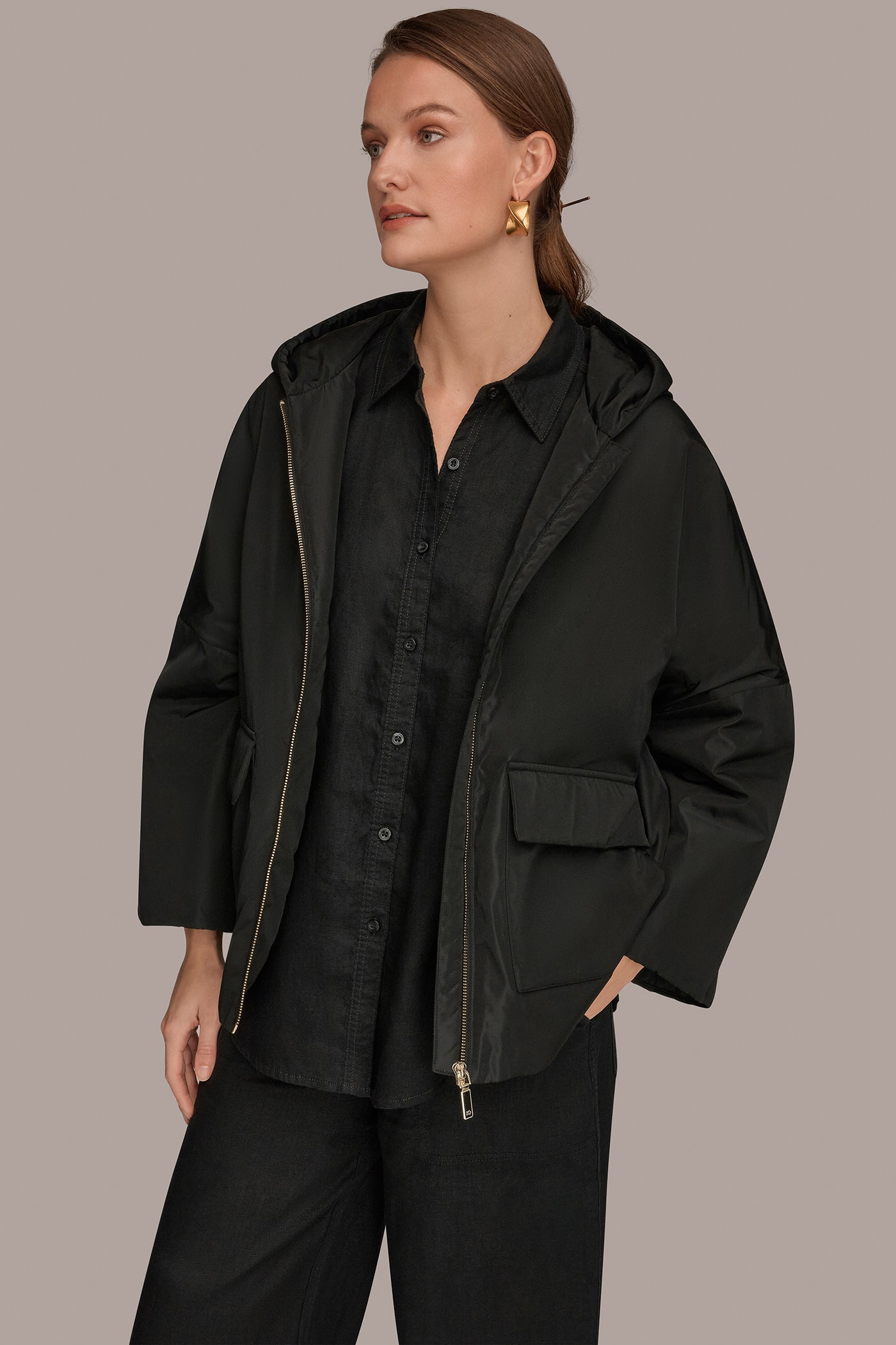 Black HOODED LIGHT QUILT JACKET Donna Karan