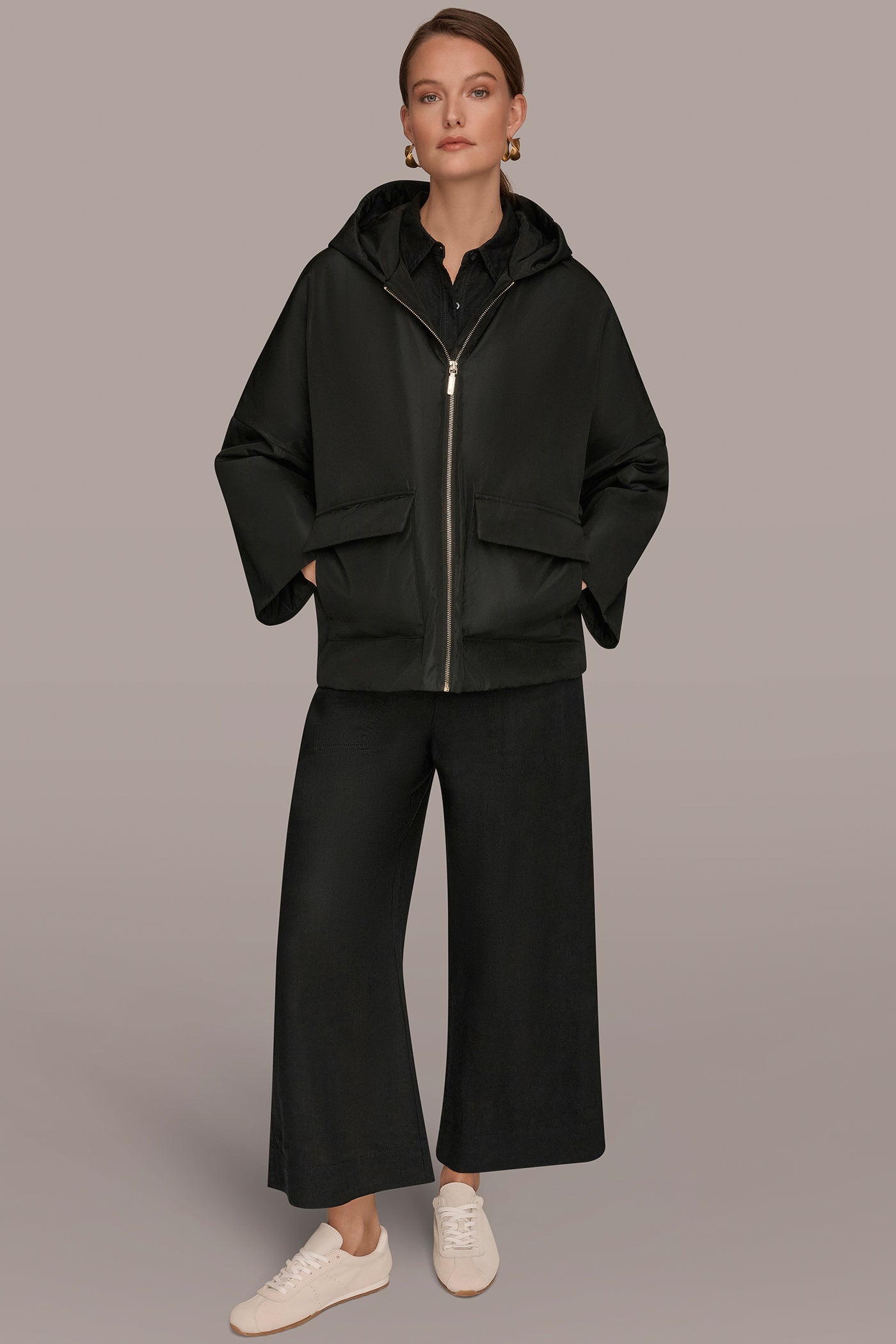 Black HOODED LIGHT QUILT JACKET Donna Karan