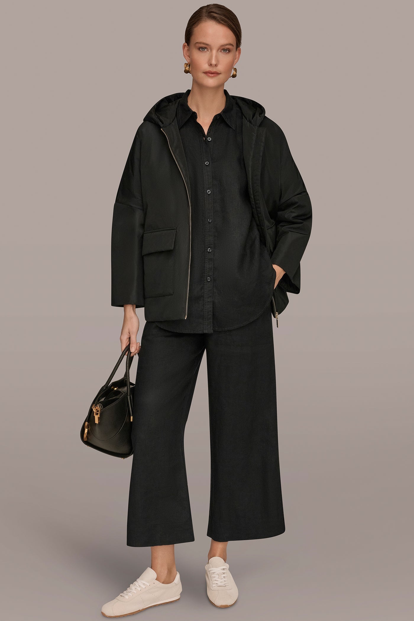 Black HOODED LIGHT QUILT JACKET Donna Karan