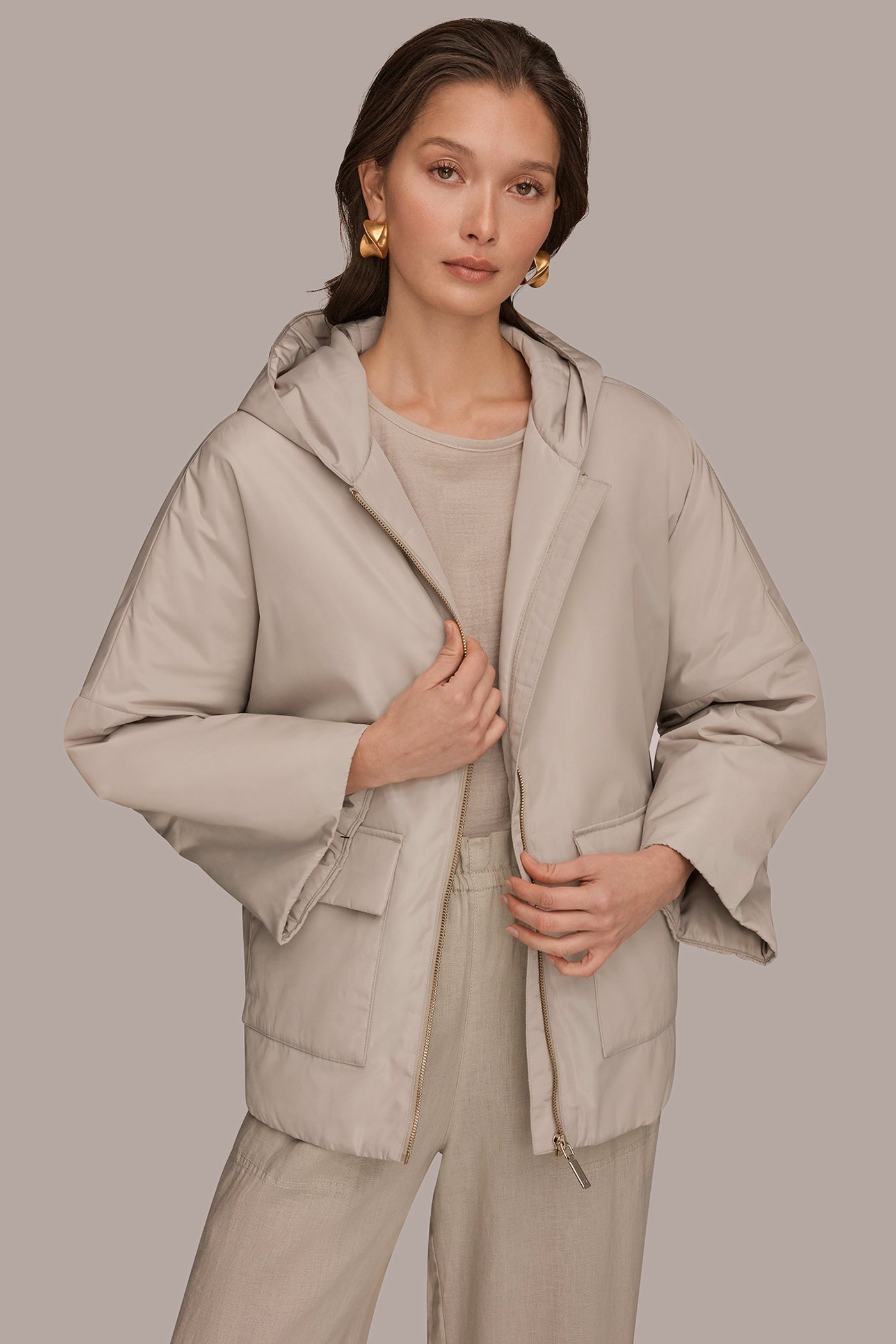 Tuscan Grey HOODED LIGHT QUILT JACKET Donna Karan