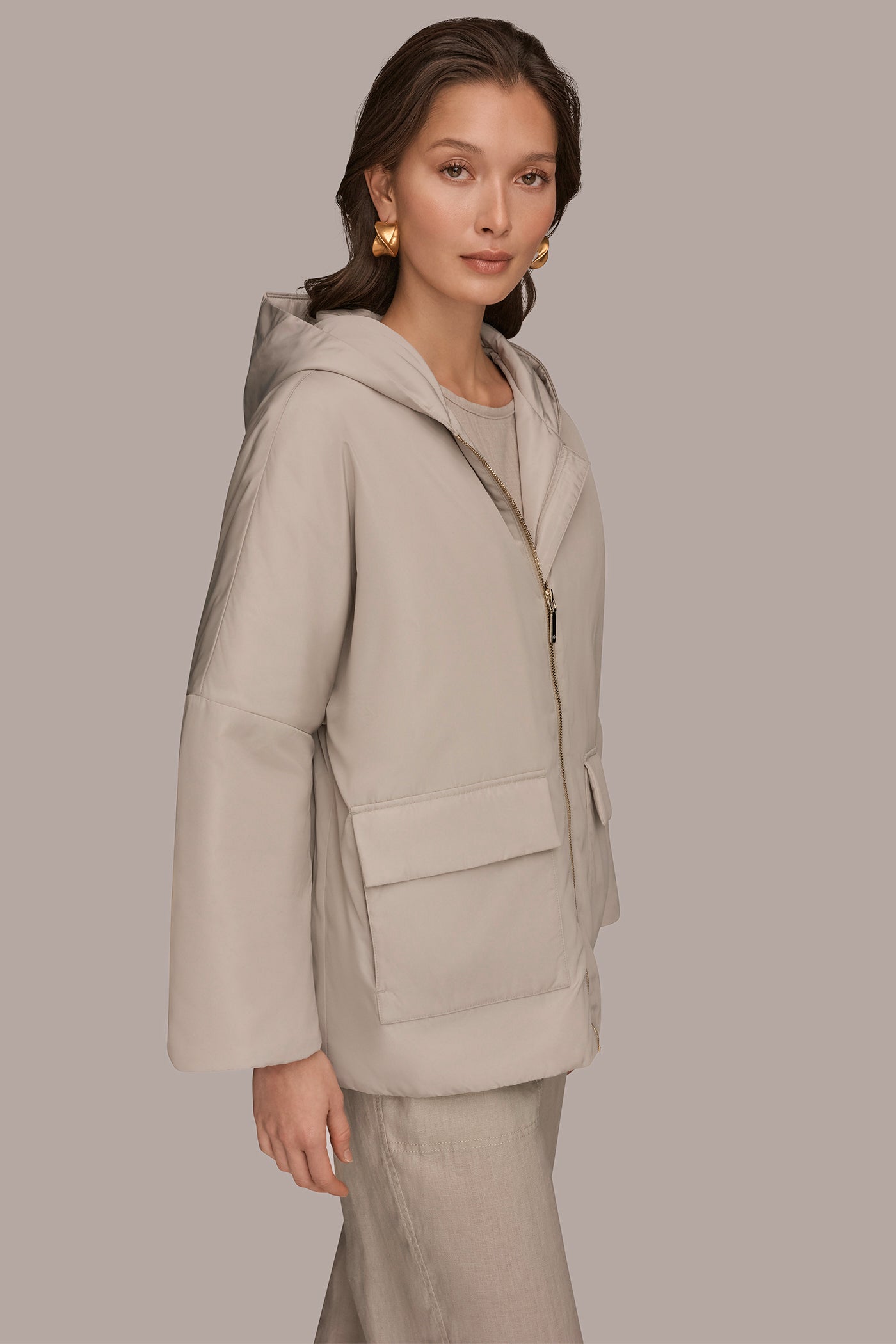 Tuscan Grey HOODED LIGHT QUILT JACKET Donna Karan