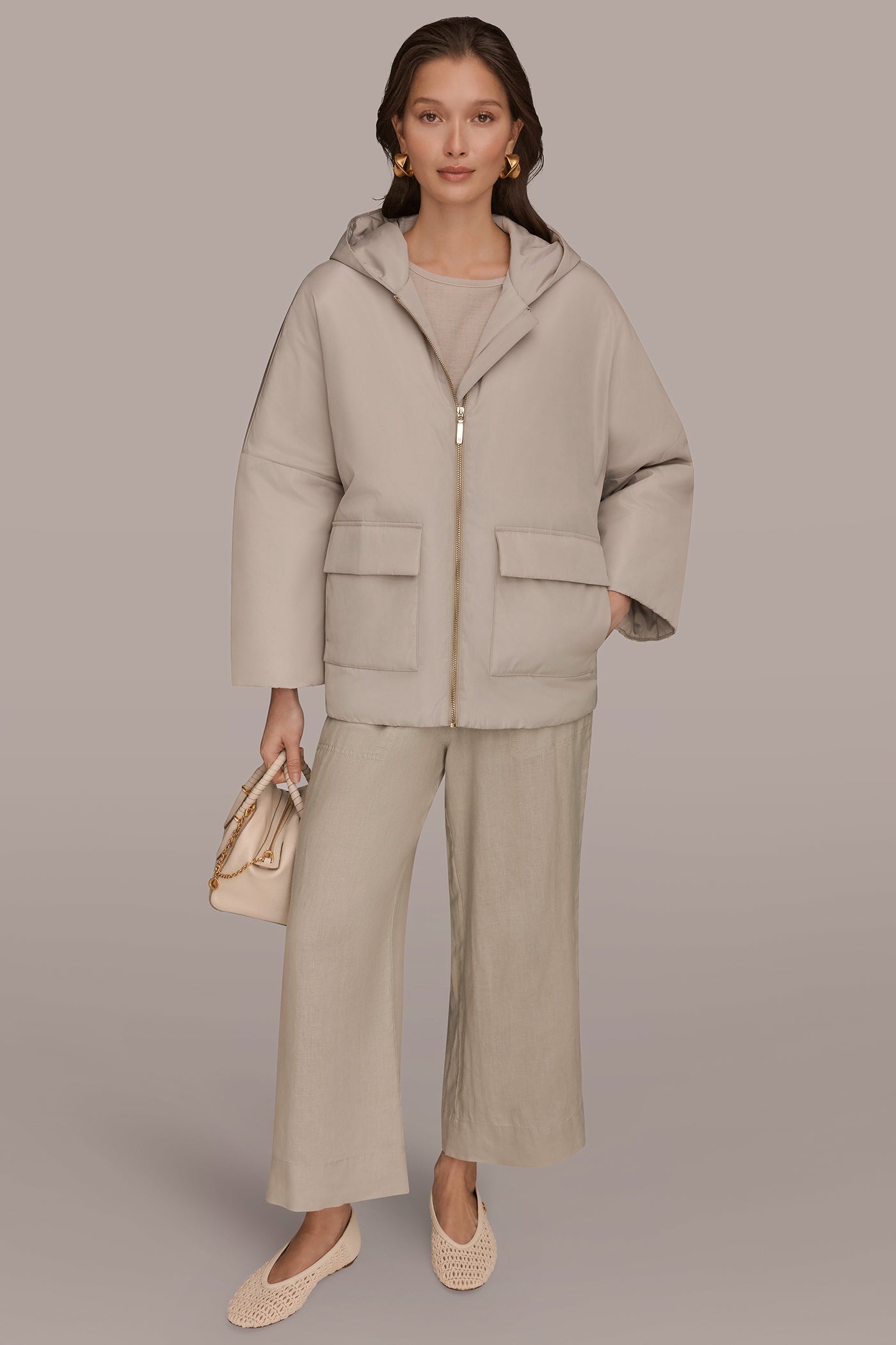 Tuscan Grey HOODED LIGHT QUILT JACKET Donna Karan