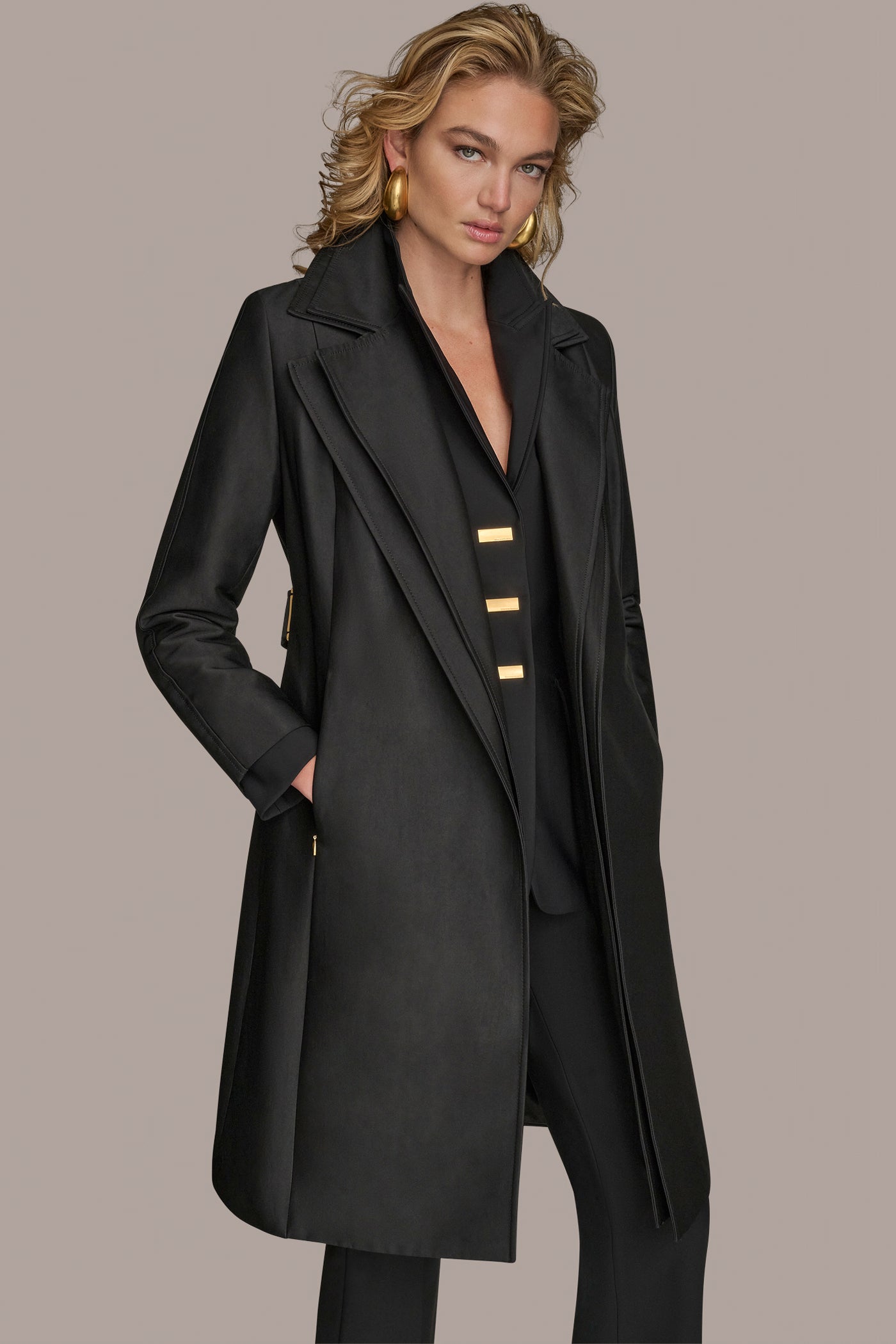 Black DOUBLE COLLAR TRENCH Donna Karan