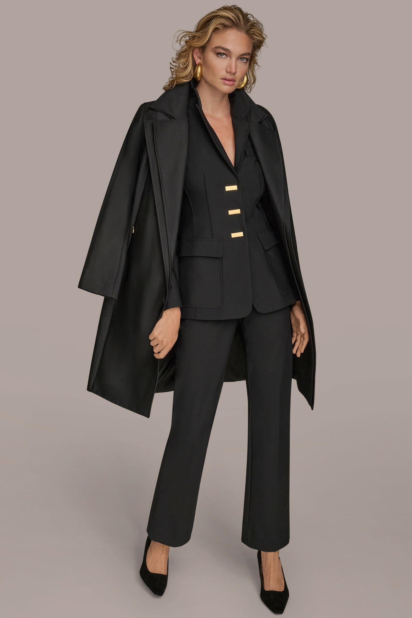 Black DOUBLE COLLAR TRENCH Donna Karan