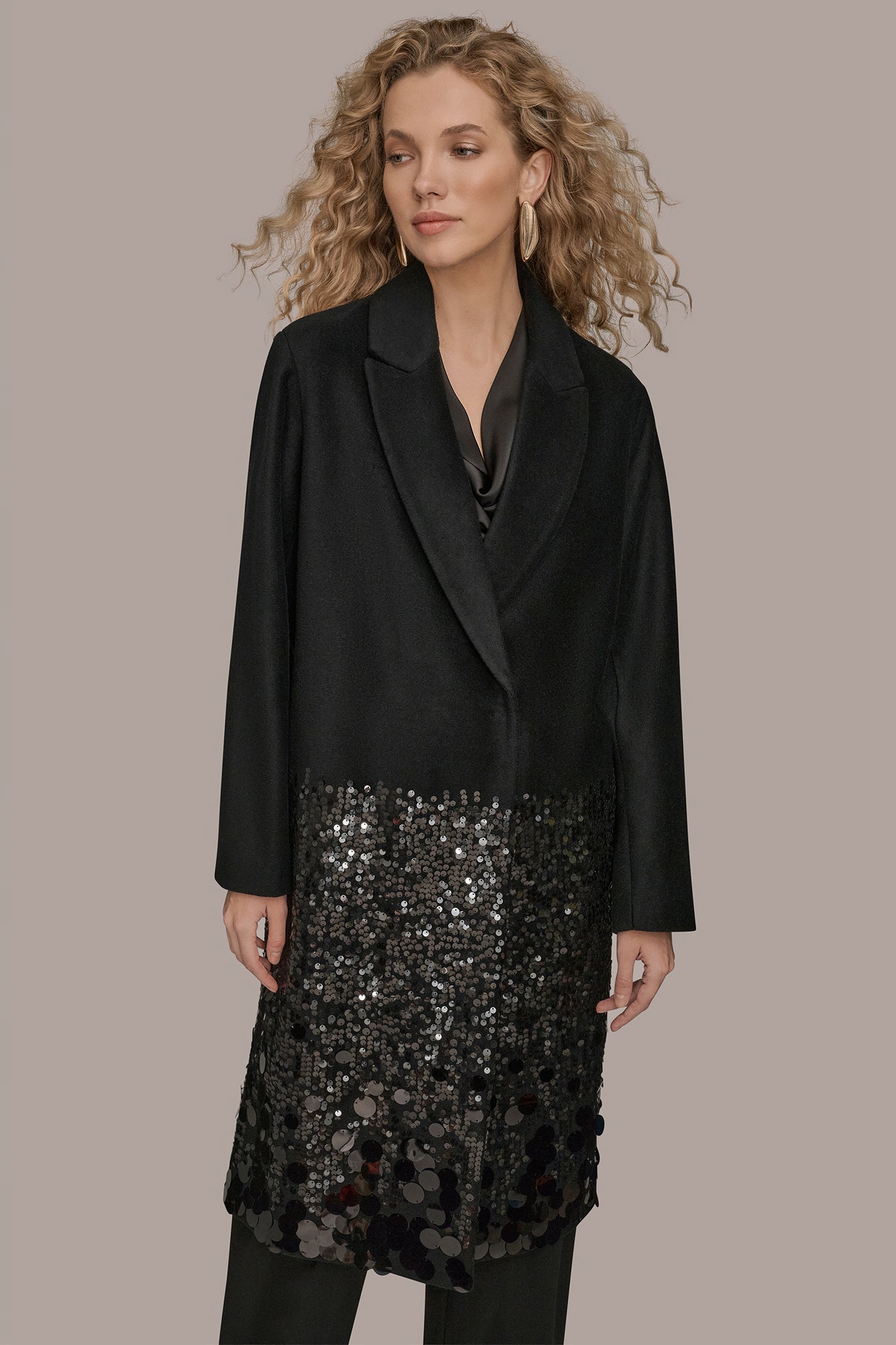 Black LONG SEQUIN WOOL-BLEND COAT Donna Karan
