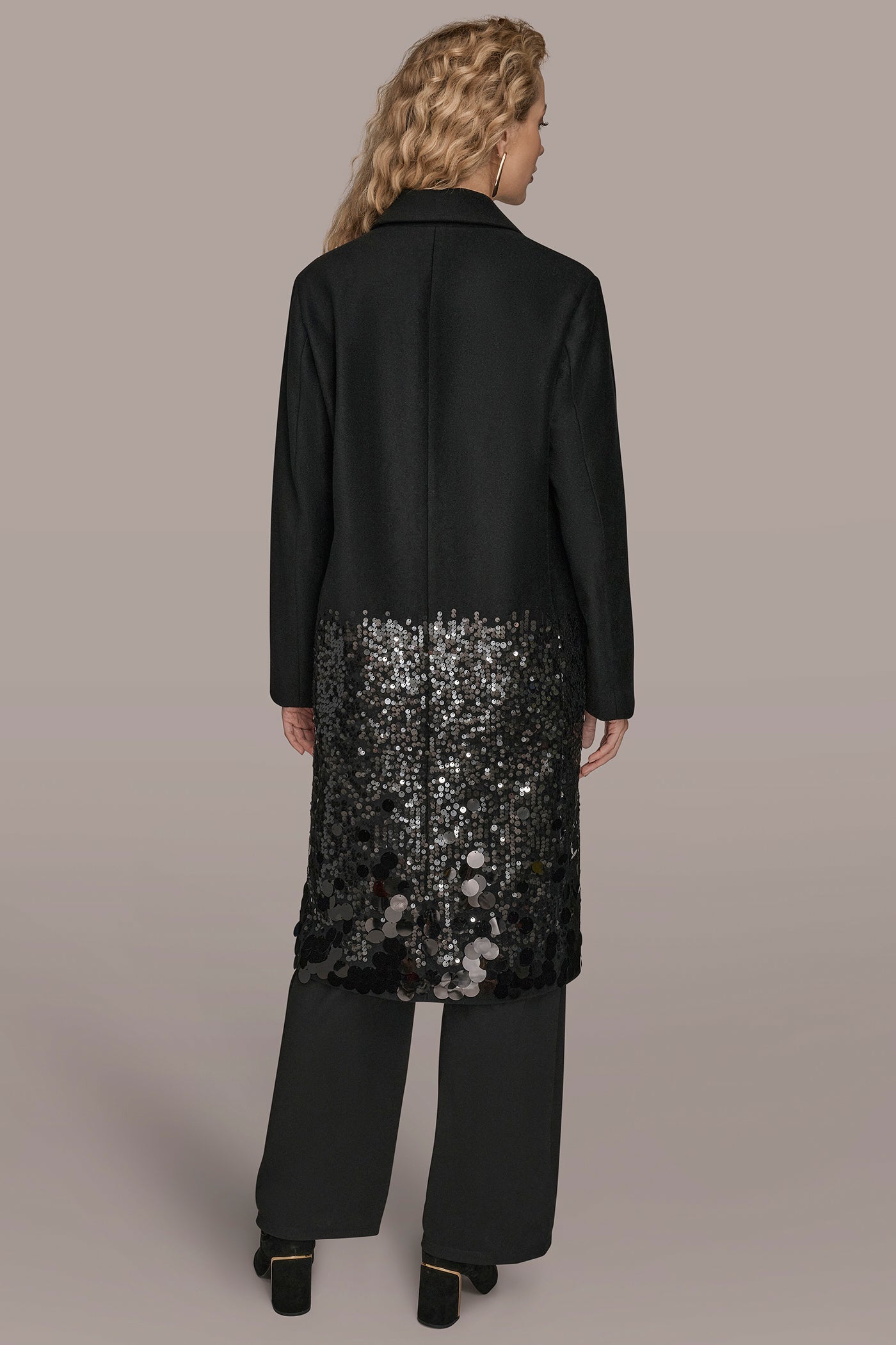 Black LONG SEQUIN WOOL-BLEND COAT Donna Karan