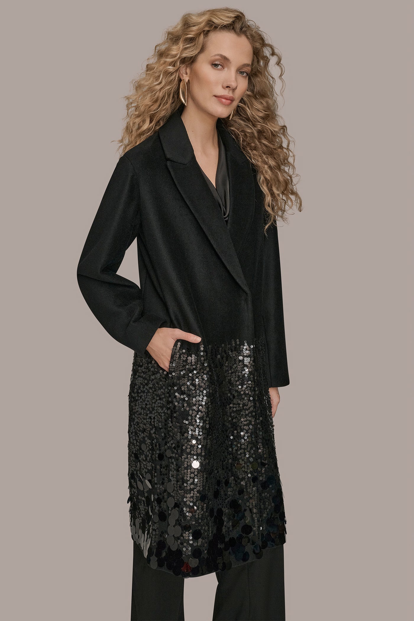 Black LONG SEQUIN WOOL-BLEND COAT Donna Karan