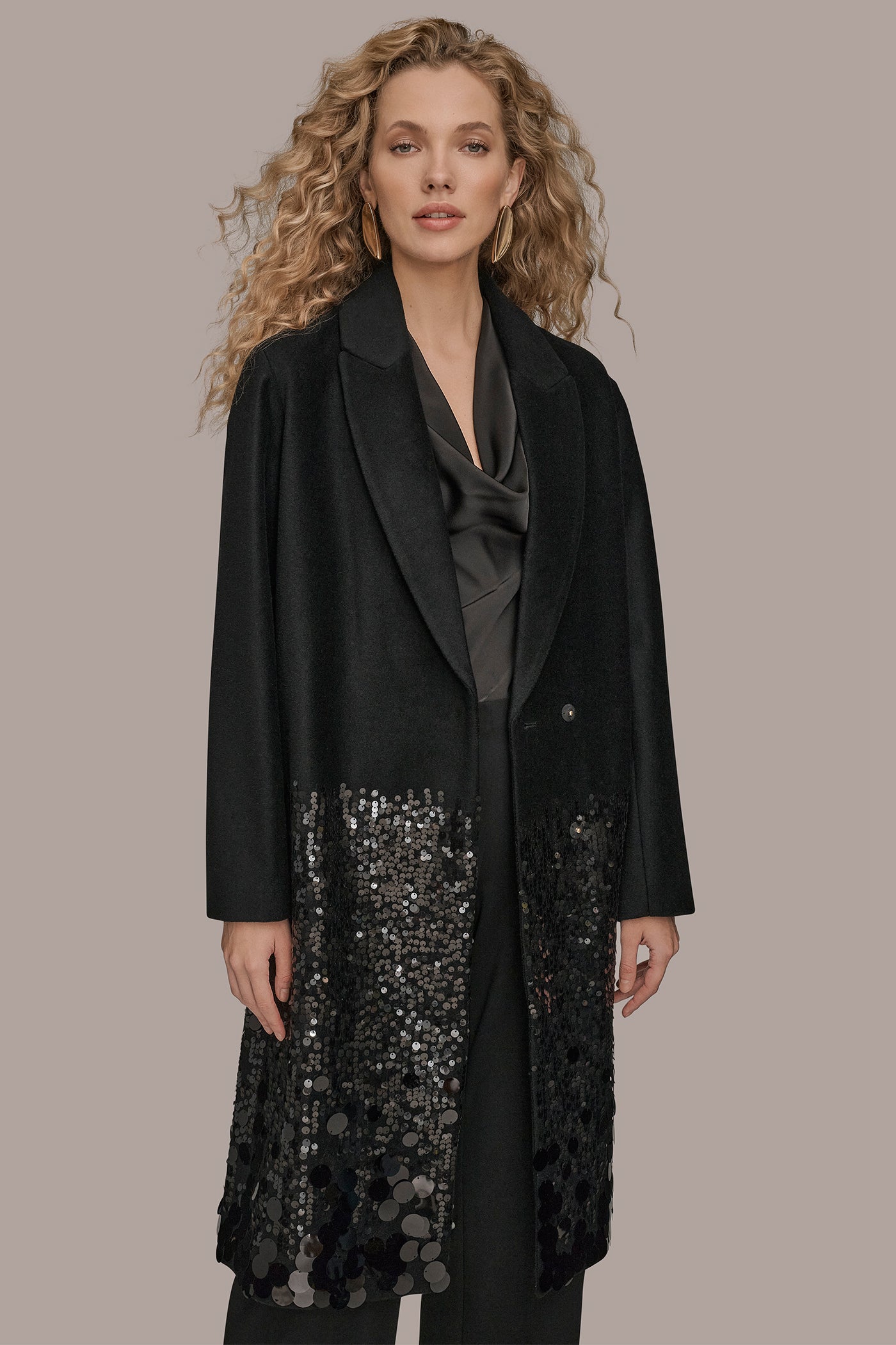 Black LONG SEQUIN WOOL-BLEND COAT Donna Karan