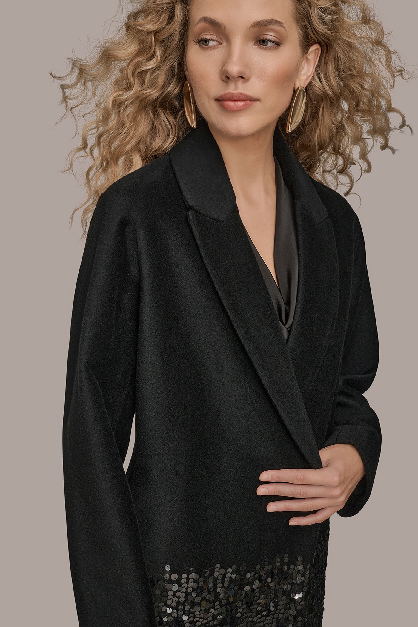 Black LONG SEQUIN WOOL-BLEND COAT Donna Karan