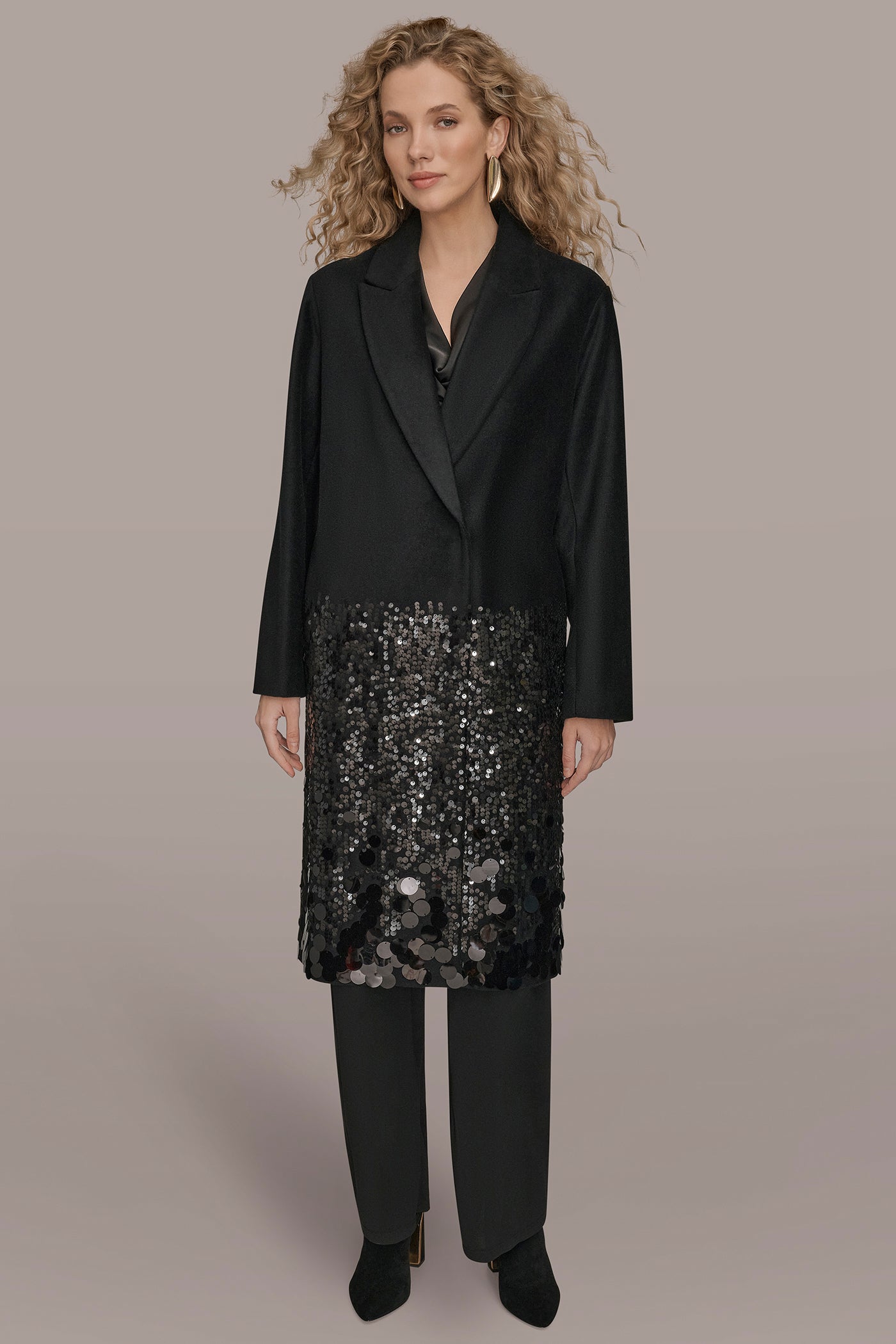 Black LONG SEQUIN WOOL-BLEND COAT Donna Karan