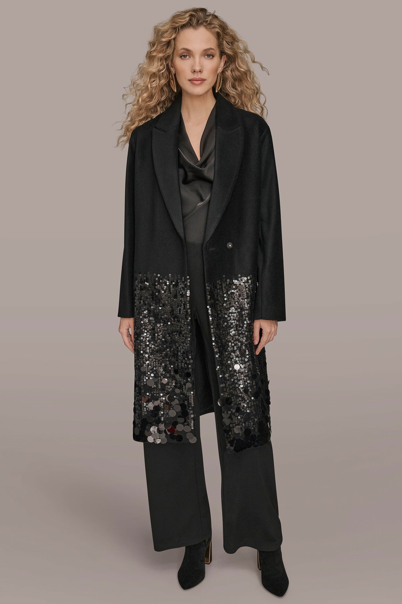 Black LONG SEQUIN WOOL-BLEND COAT Donna Karan