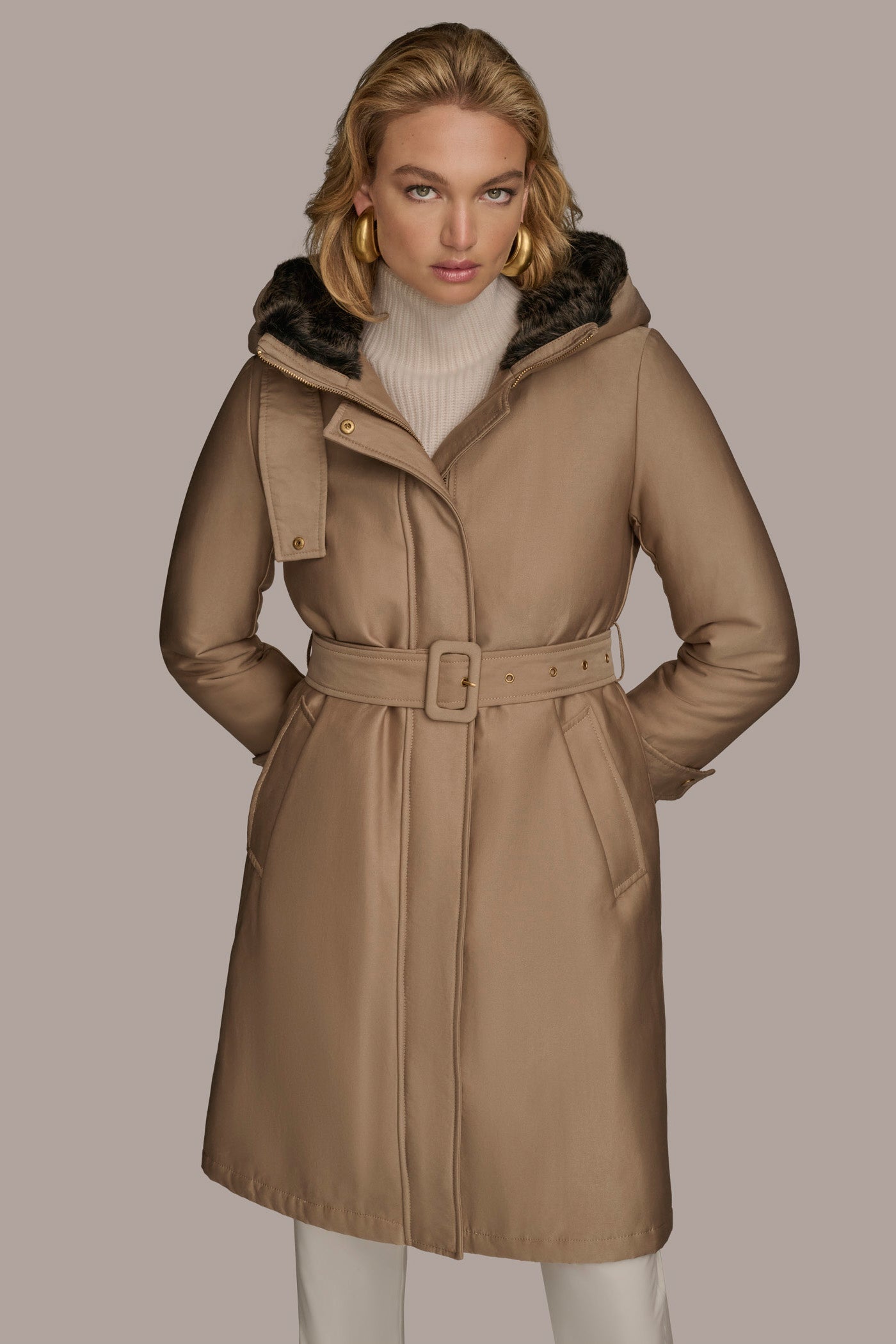 KHAKI FAUX FUR TRIM LINED RAIN COAT Donna Karan