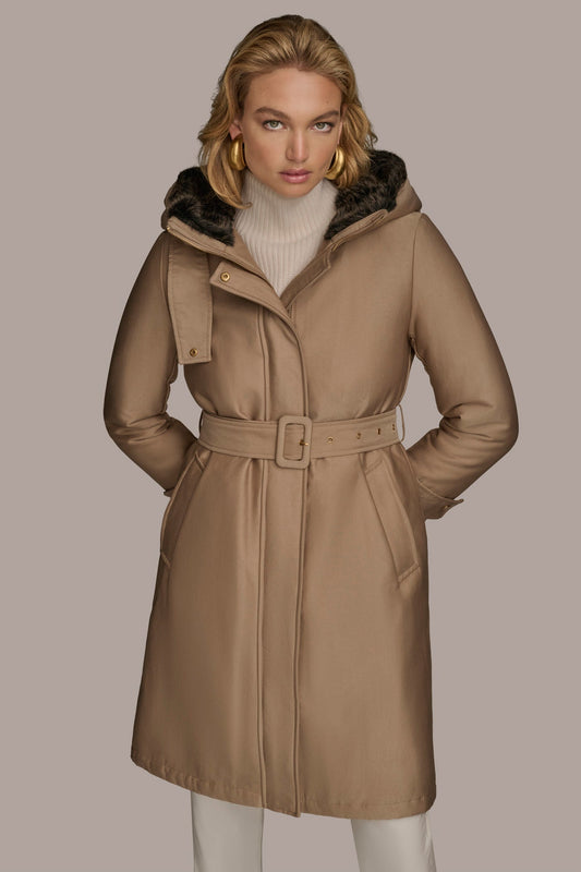 KHAKI FAUX FUR TRIM LINED RAIN COAT Donna Karan