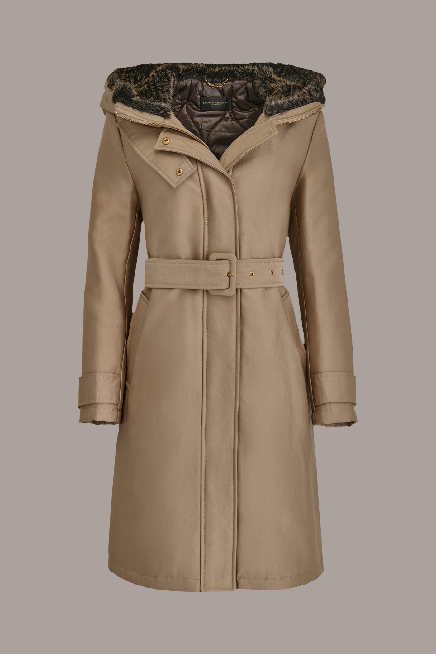 KHAKI FAUX FUR TRIM LINED RAIN COAT Donna Karan