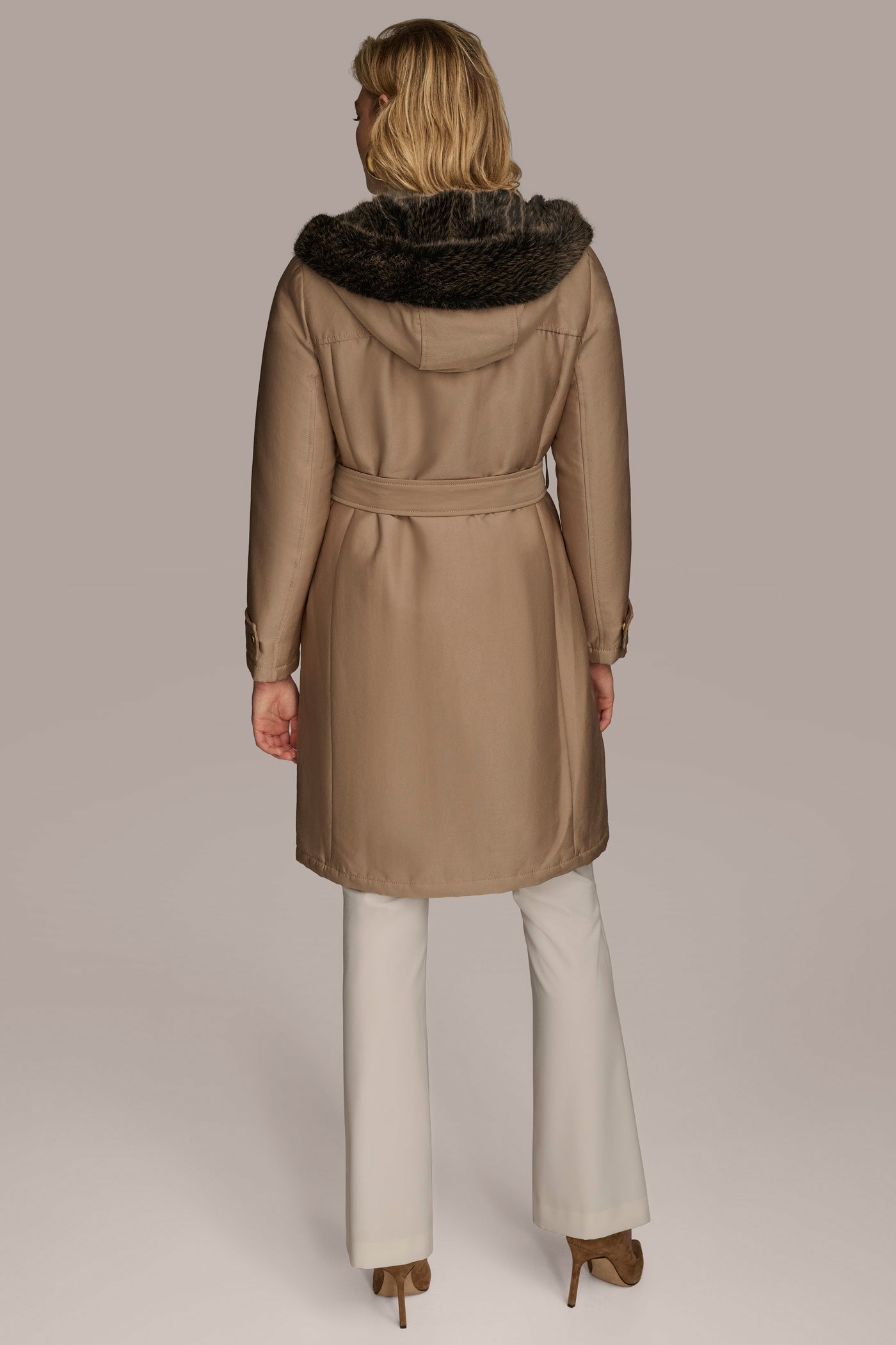 KHAKI FAUX FUR TRIM LINED RAIN COAT Donna Karan