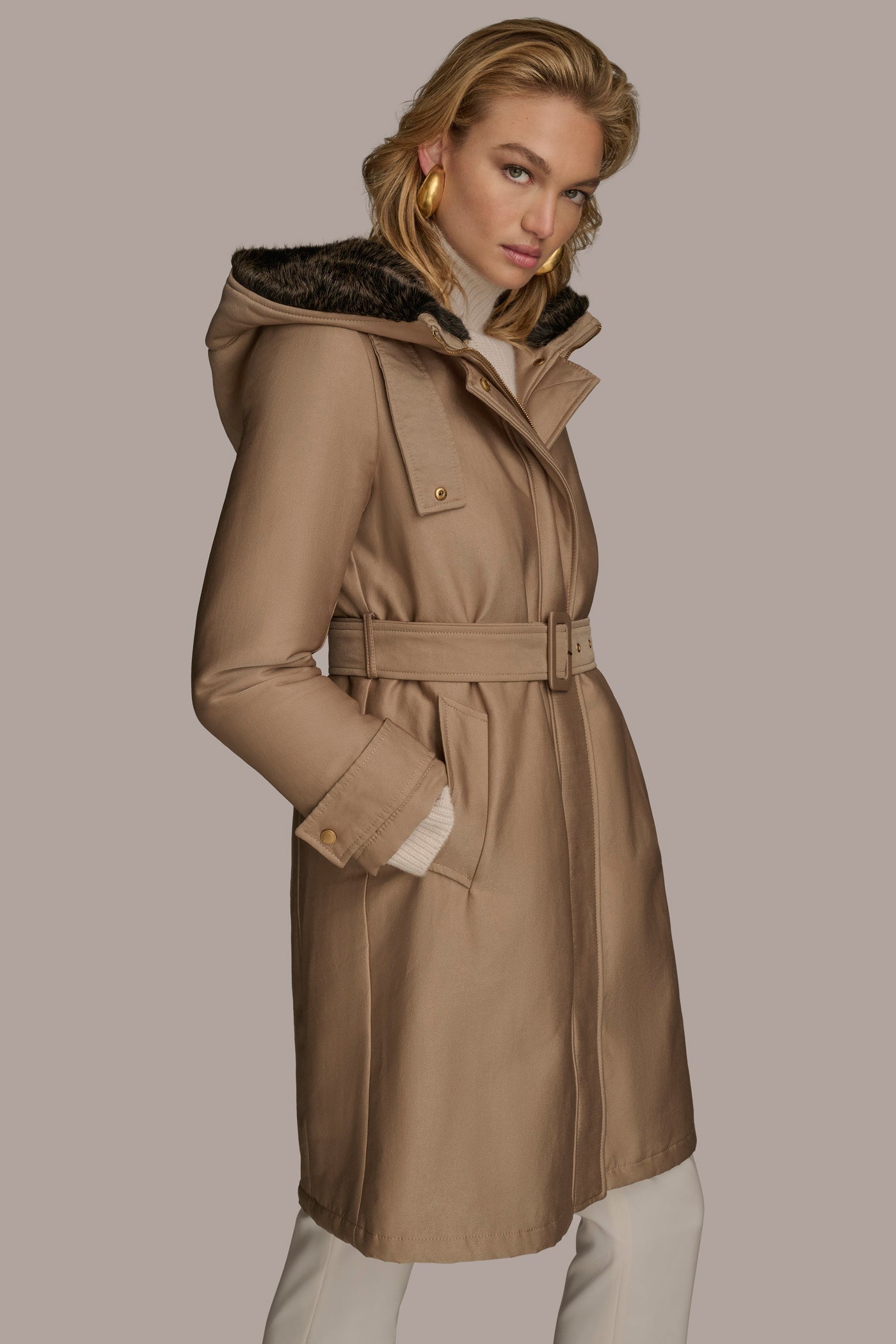 KHAKI FAUX FUR TRIM LINED RAIN COAT Donna Karan