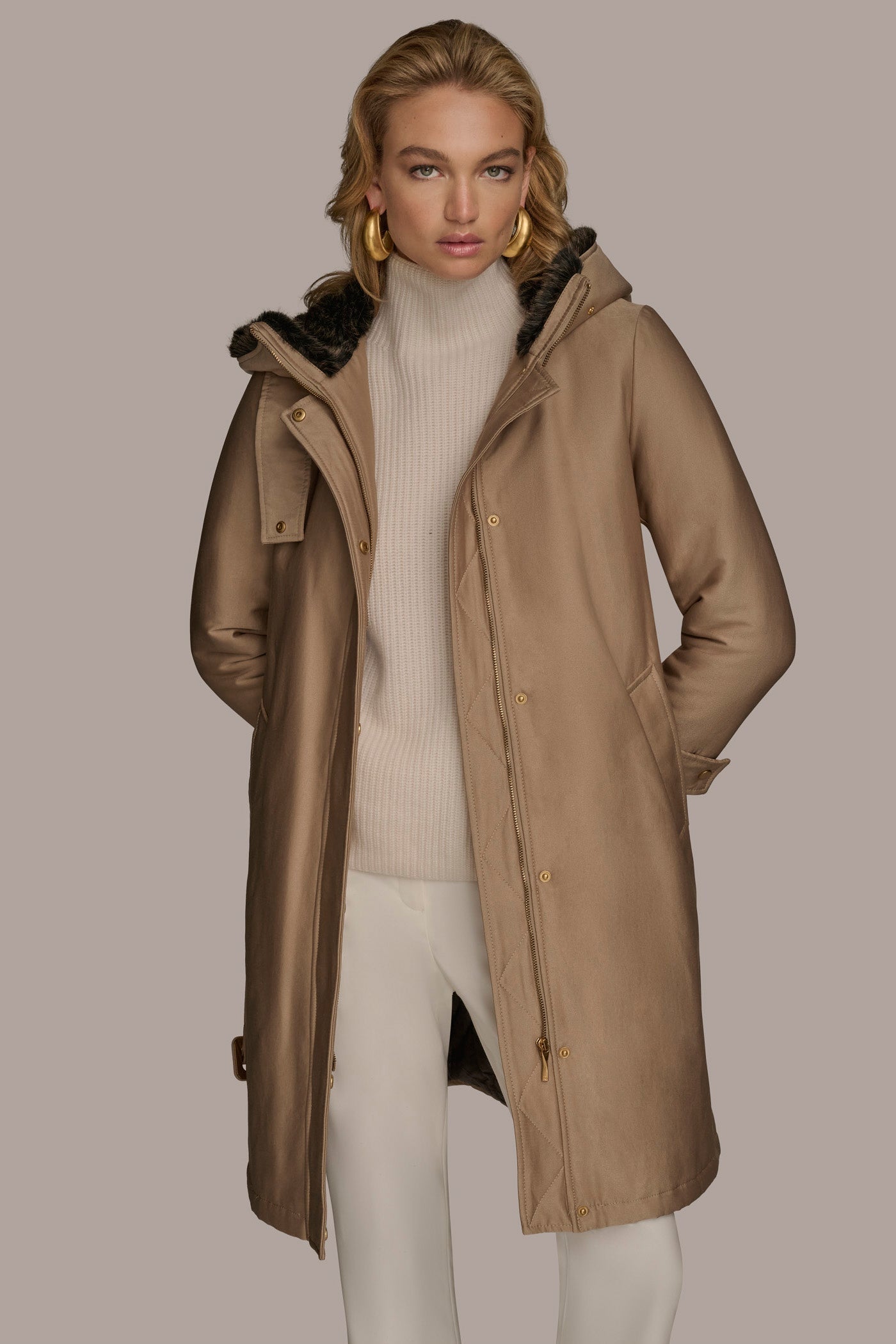 KHAKI FAUX FUR TRIM LINED RAIN COAT Donna Karan