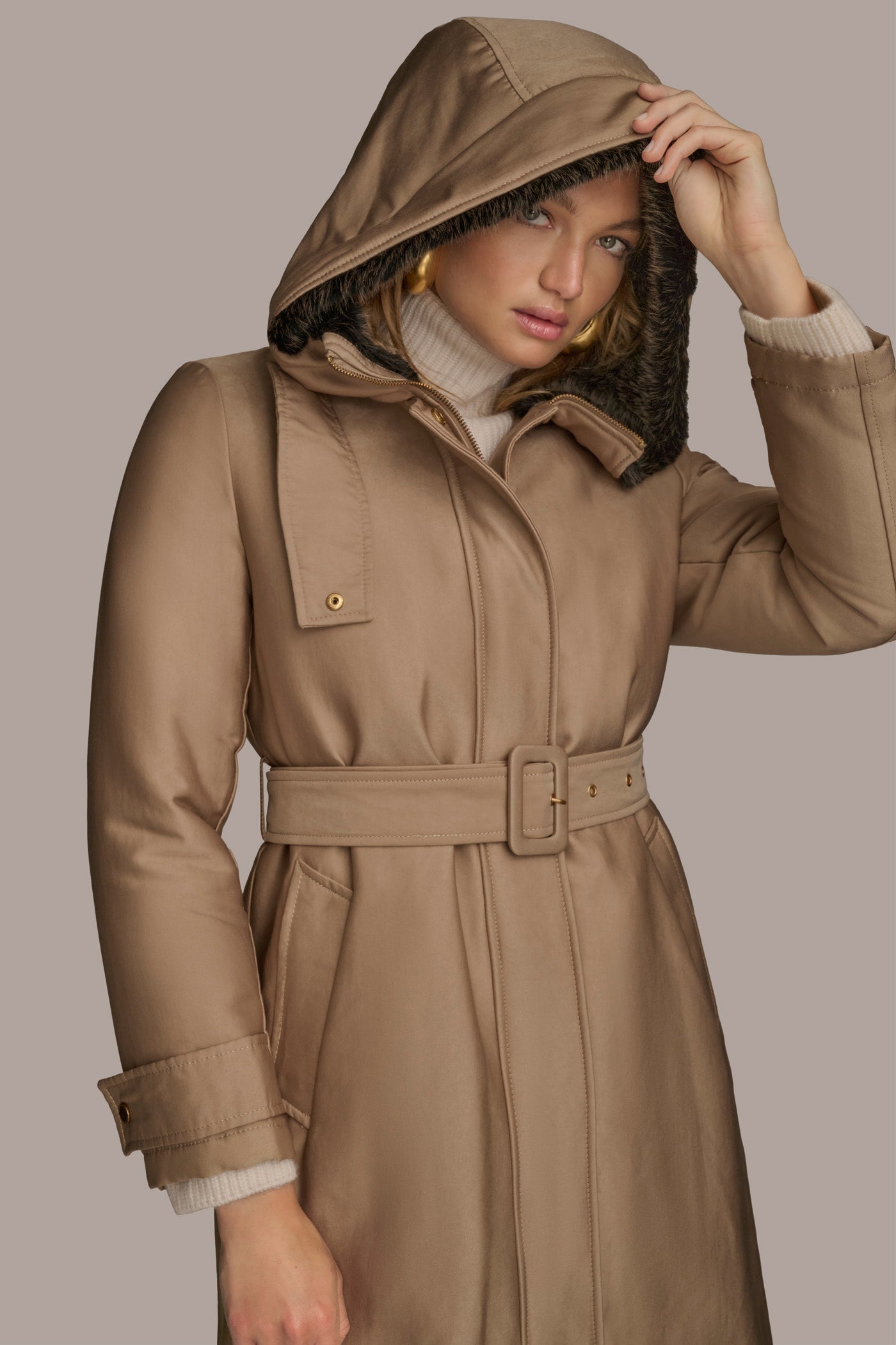 KHAKI FAUX FUR TRIM LINED RAIN COAT Donna Karan