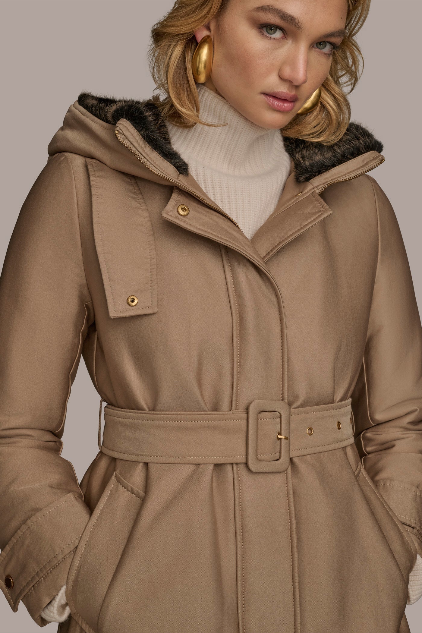 KHAKI FAUX FUR TRIM LINED RAIN COAT Donna Karan