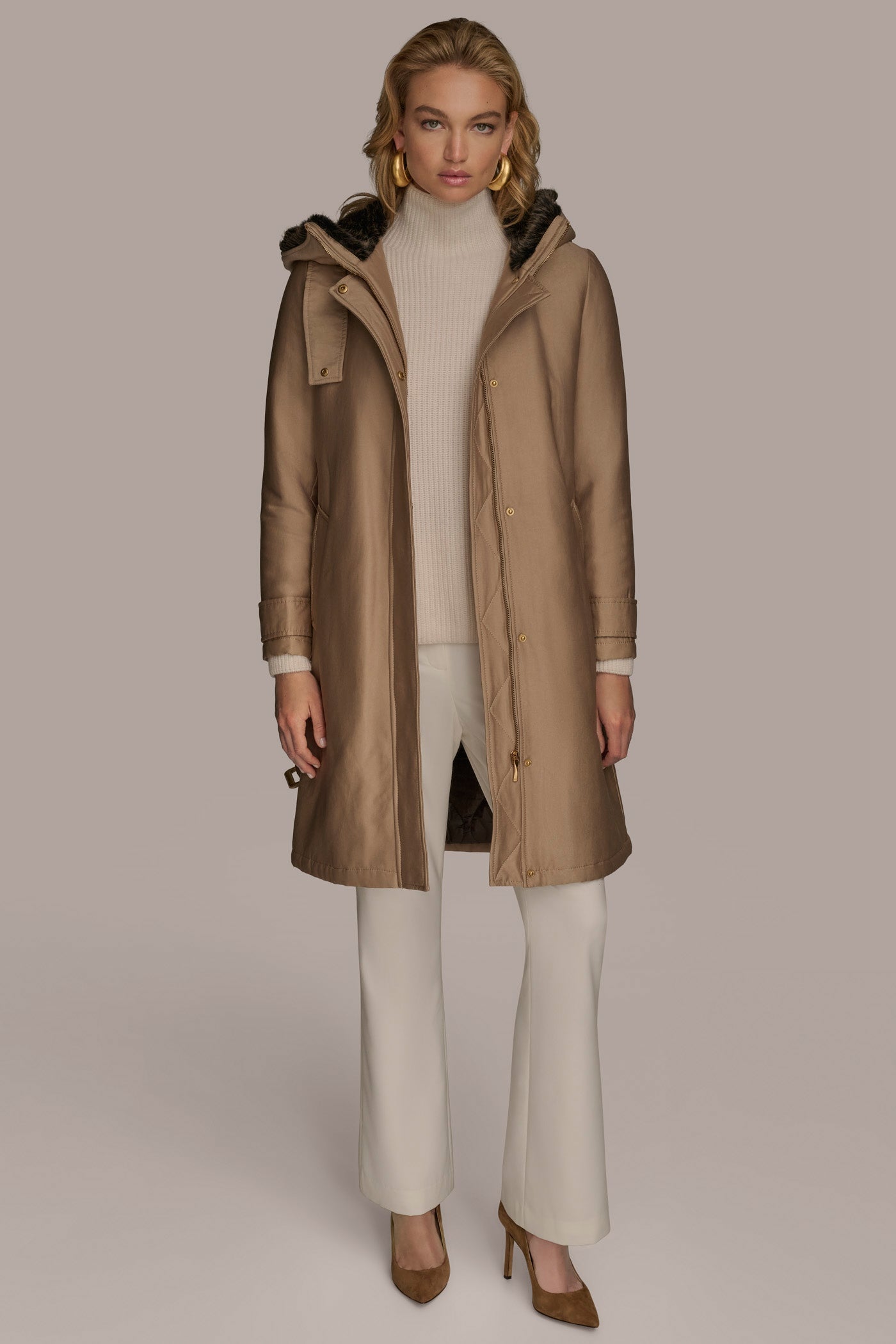 KHAKI FAUX FUR TRIM LINED RAIN COAT Donna Karan