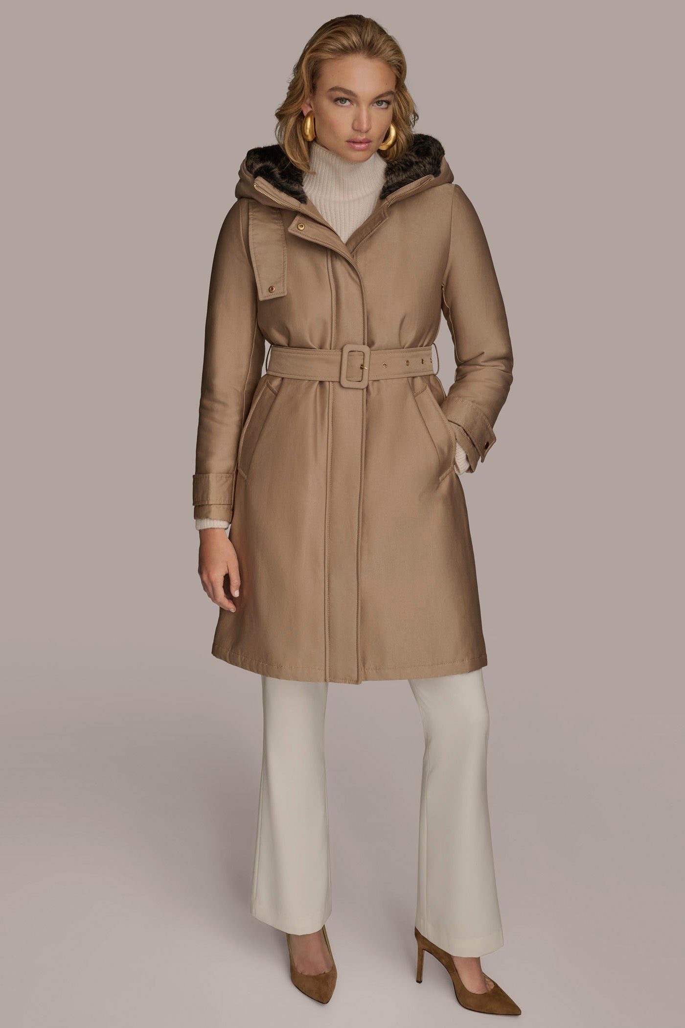 KHAKI FAUX FUR TRIM LINED RAIN COAT Donna Karan