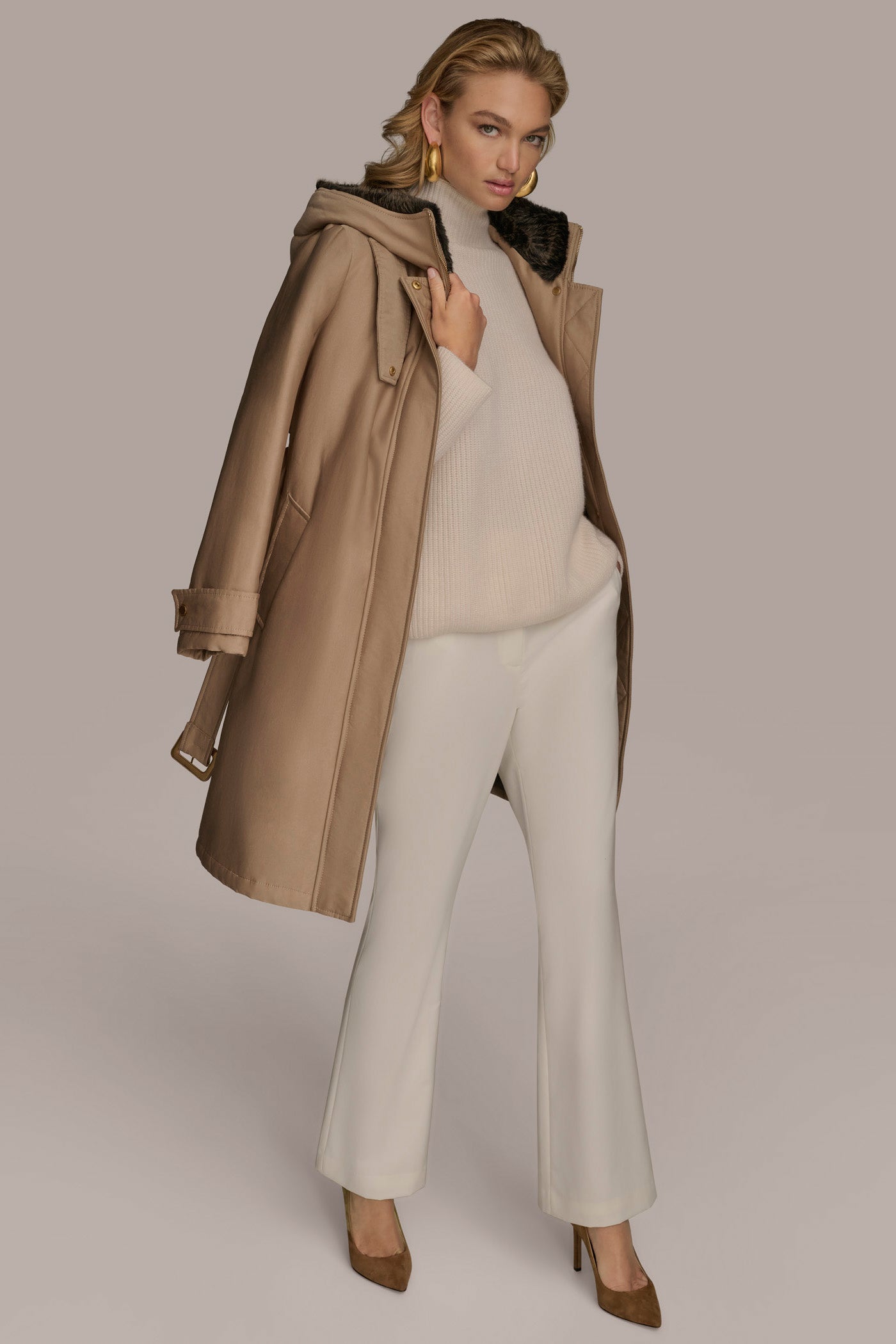 KHAKI FAUX FUR TRIM LINED RAIN COAT Donna Karan