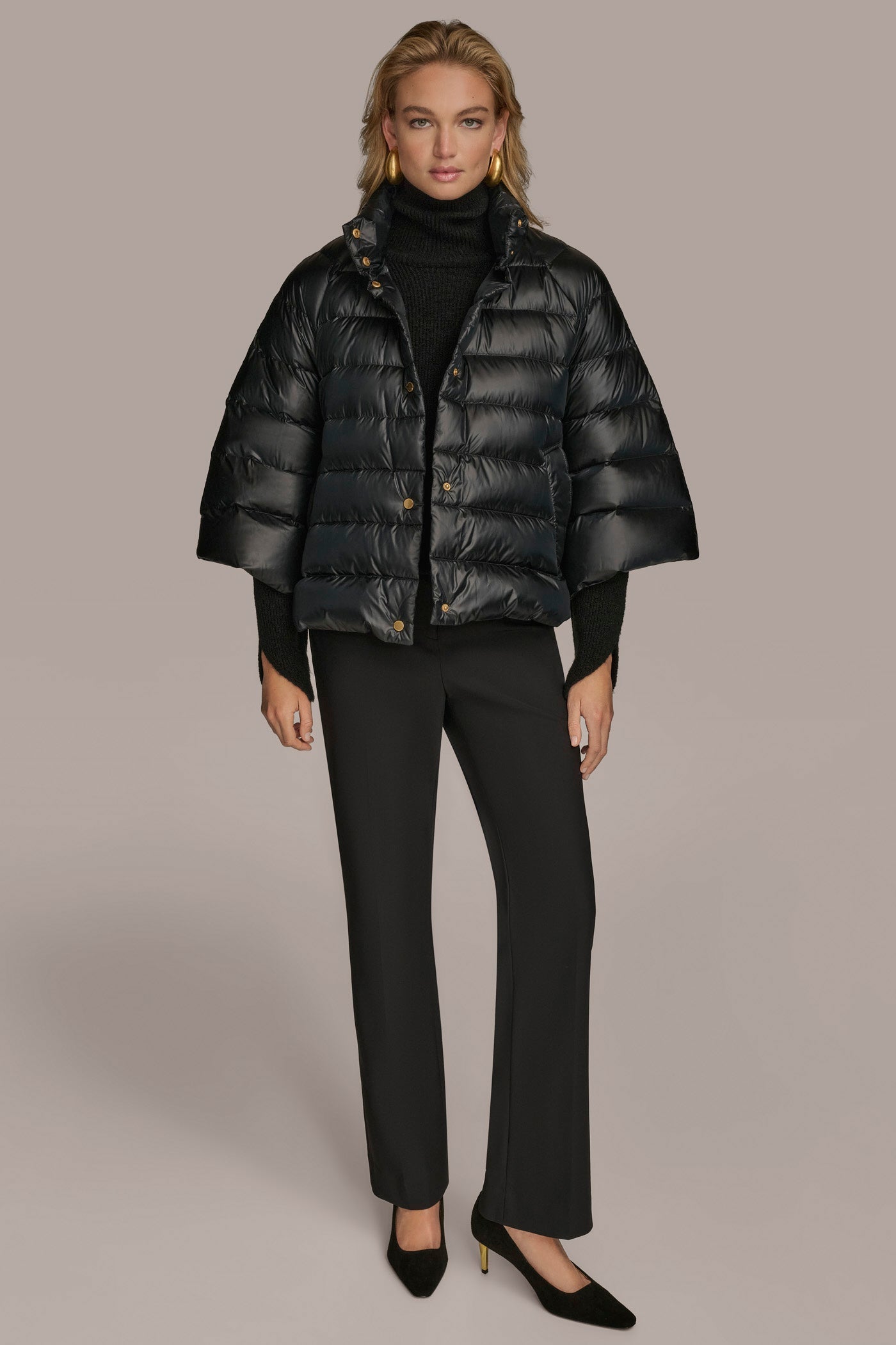 PEARLIZED BLACK PUFFER CAPE Donna Karan