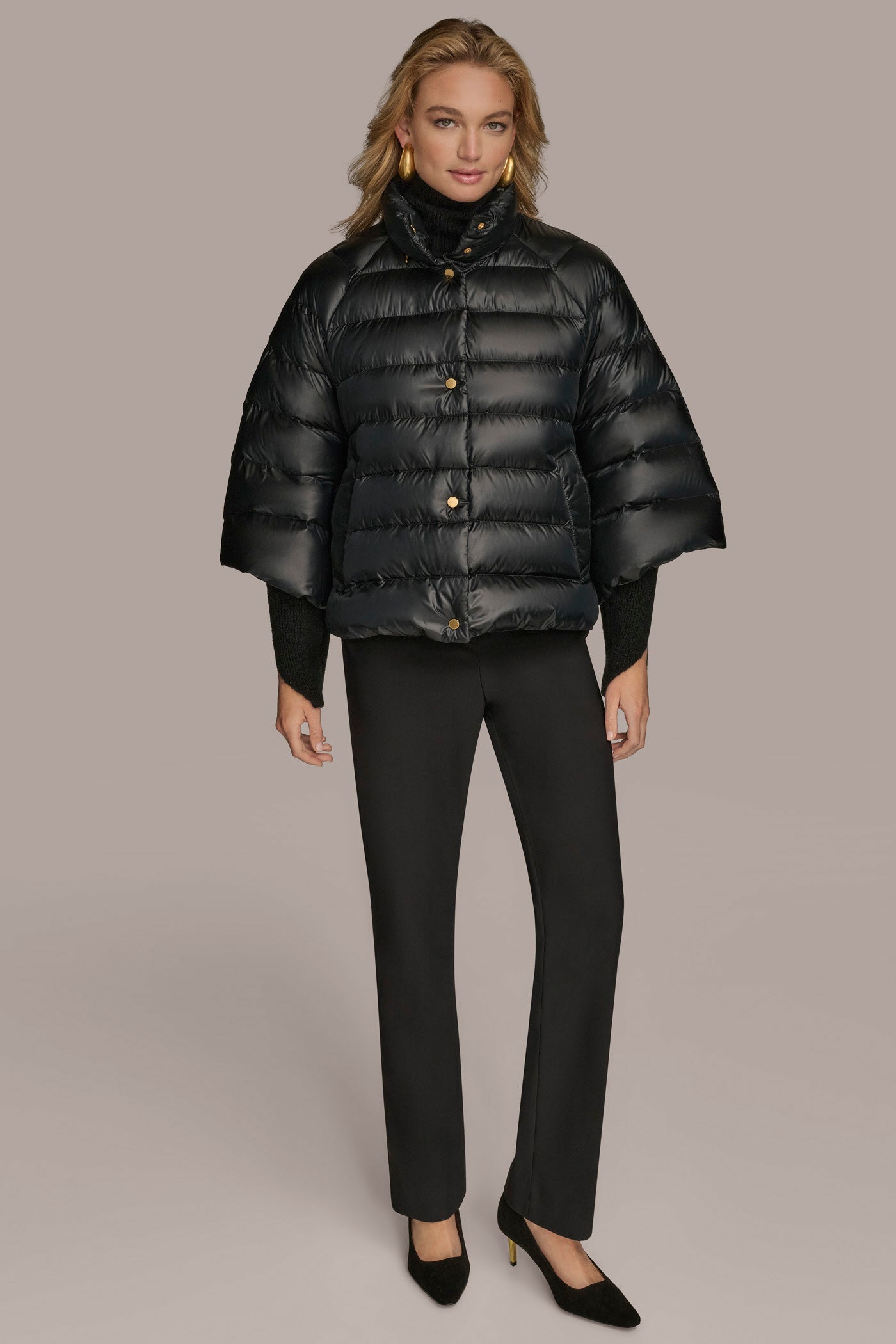 PEARLIZED BLACK PUFFER CAPE Donna Karan