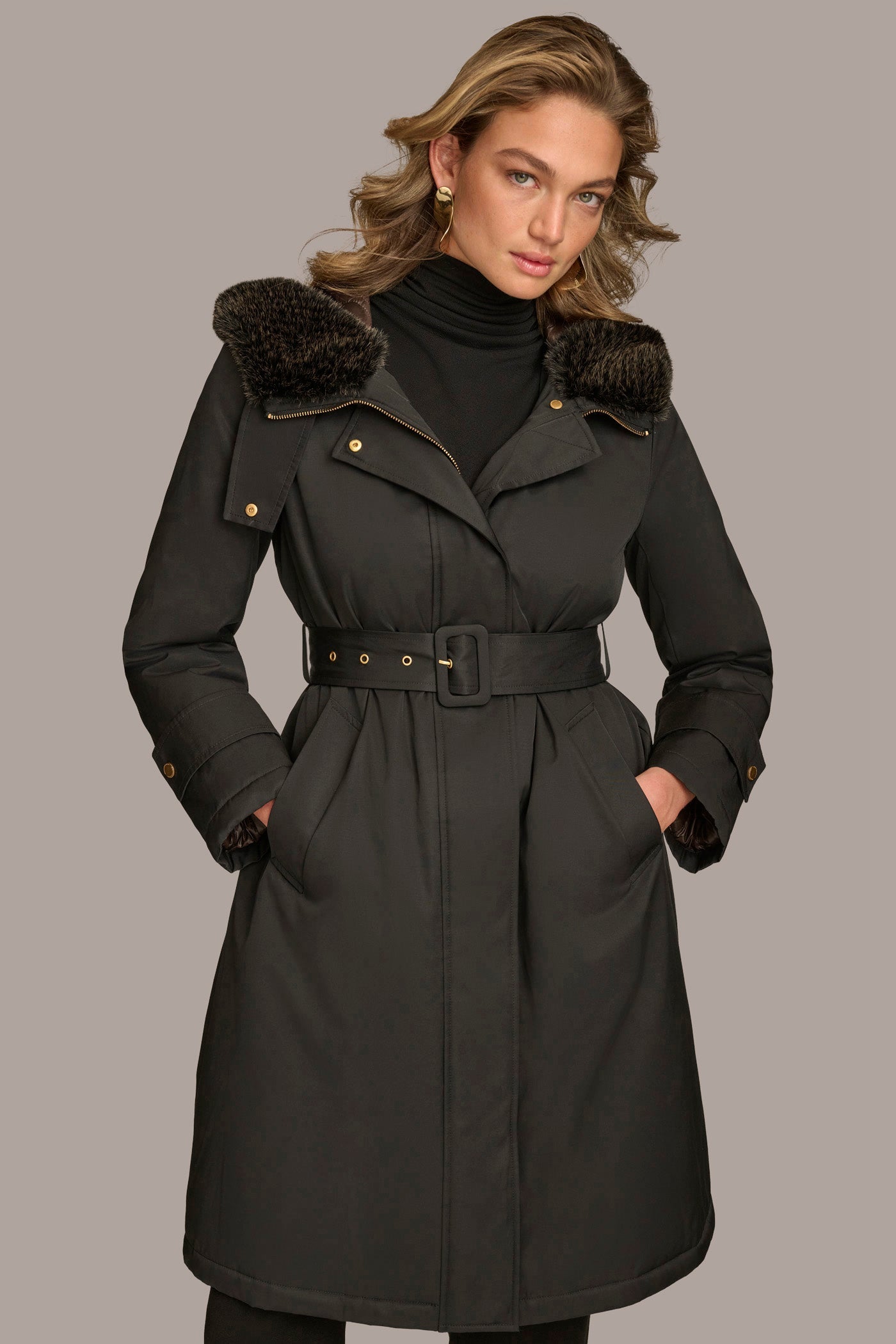 Black FAUX FUR TRIM LINED RAIN COAT Donna Karan