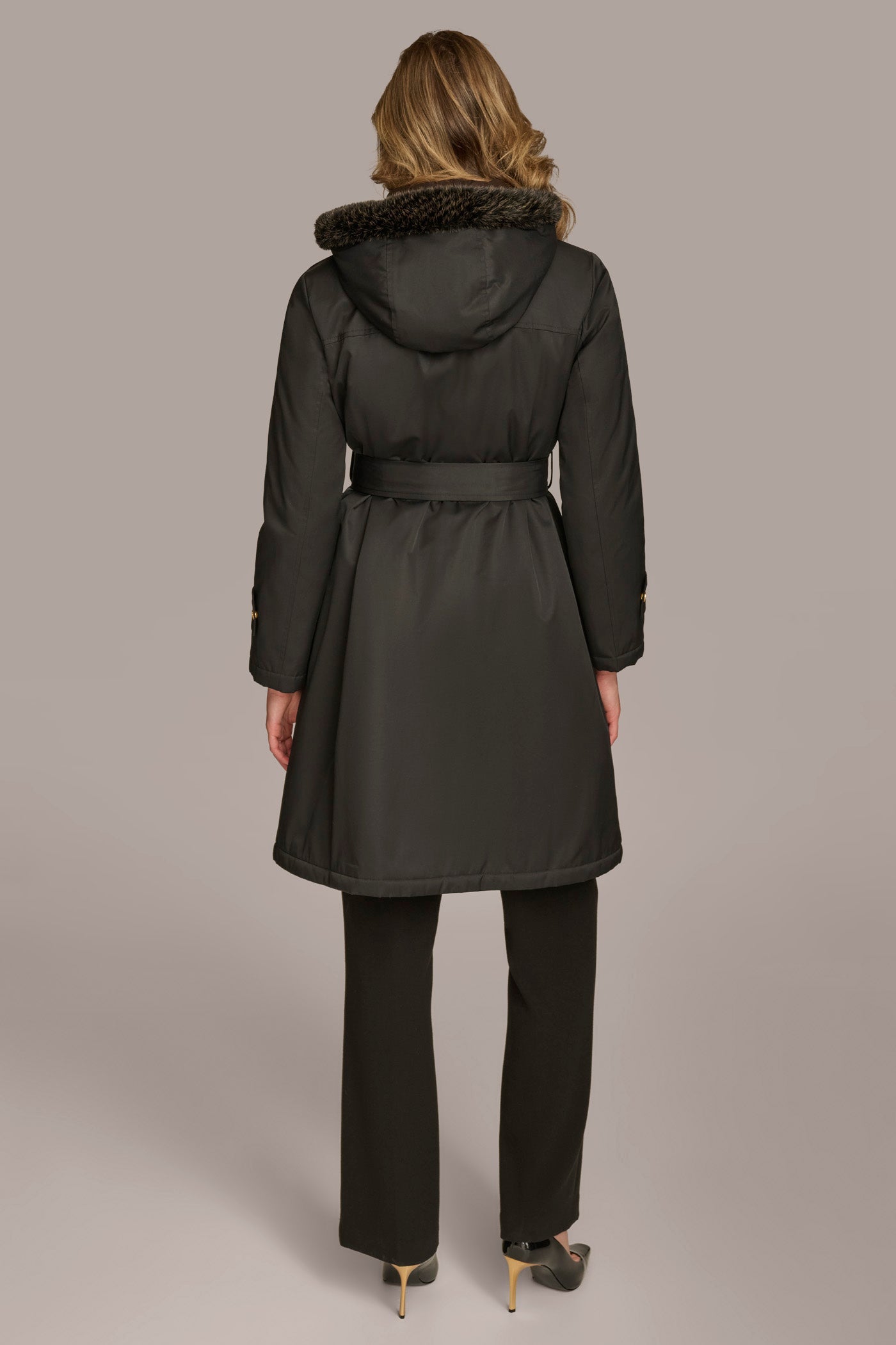 Black FAUX FUR TRIM LINED RAIN COAT Donna Karan