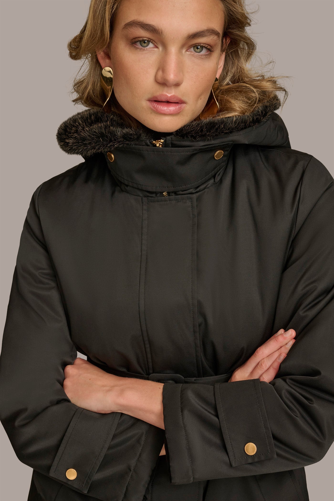 Black FAUX FUR TRIM LINED RAIN COAT Donna Karan