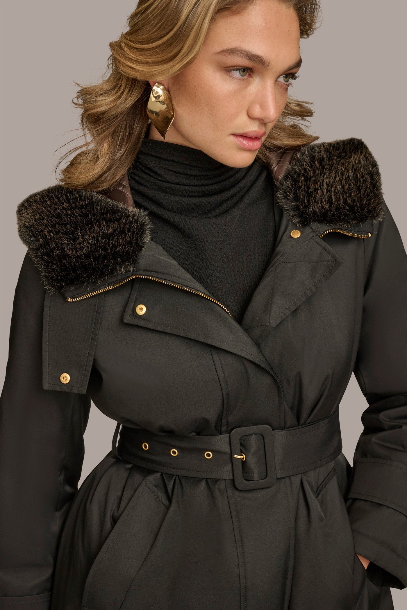 Black FAUX FUR TRIM LINED RAIN COAT Donna Karan