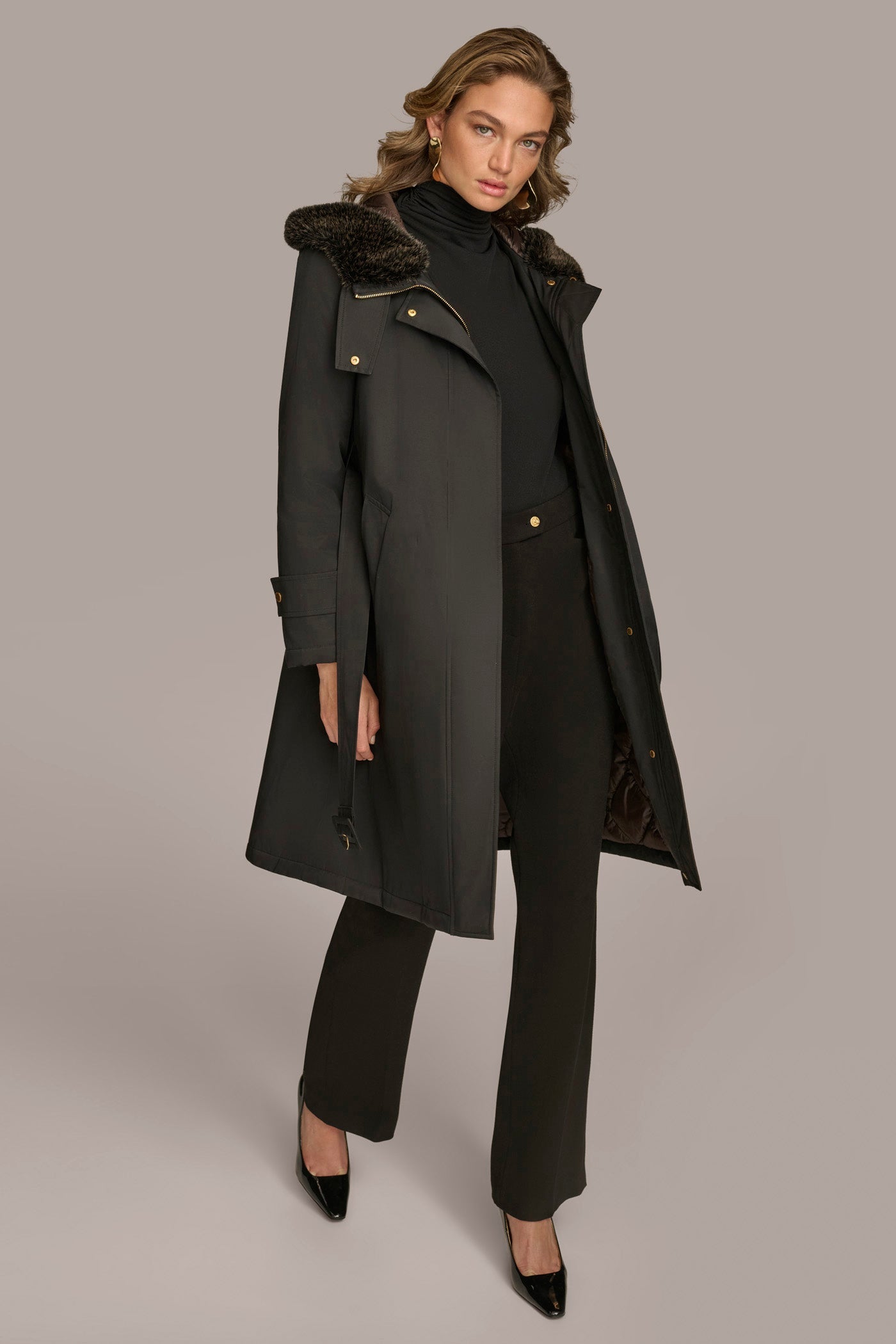 Black FAUX FUR TRIM LINED RAIN COAT Donna Karan