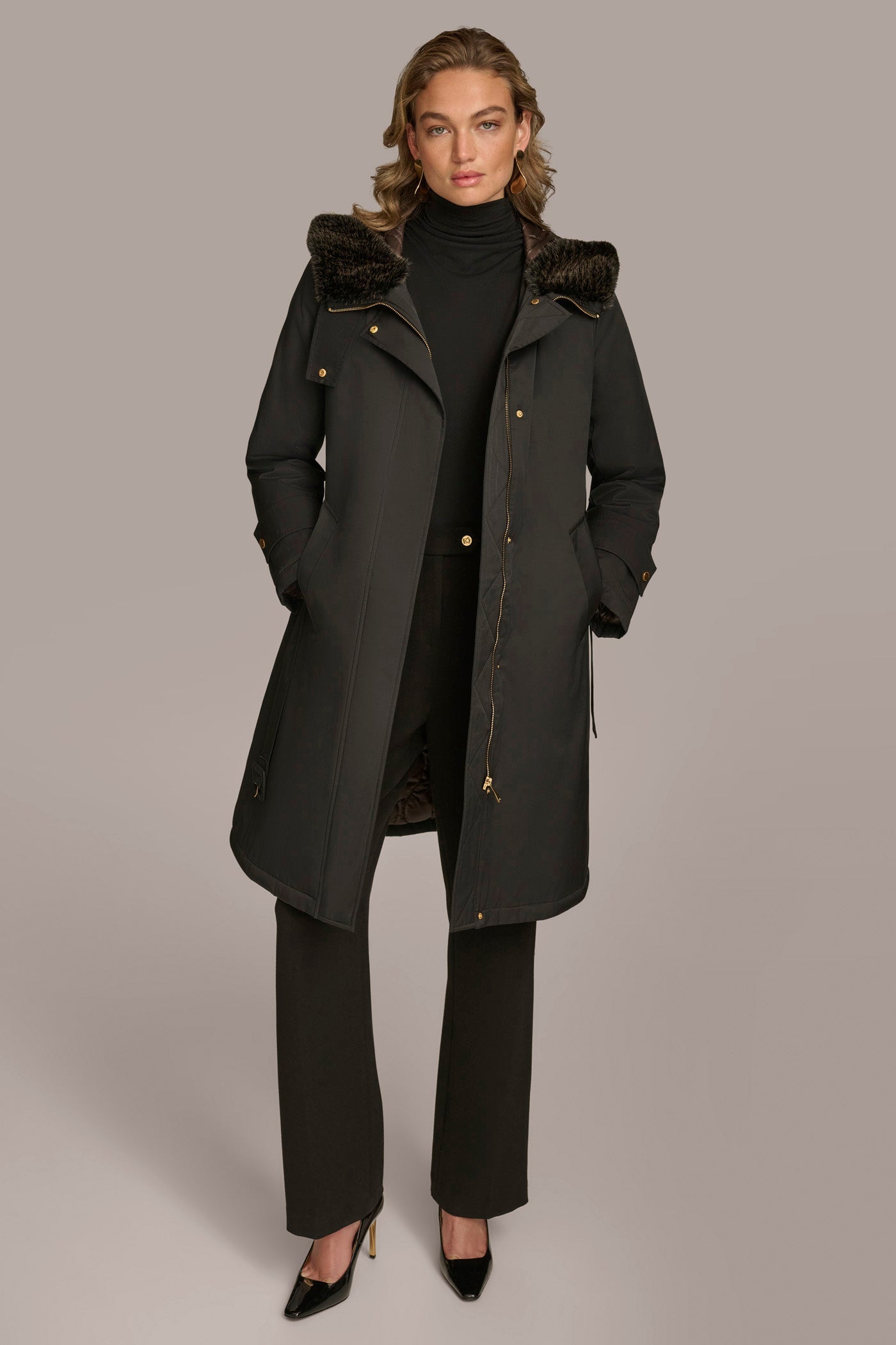 Black FAUX FUR TRIM LINED RAIN COAT Donna Karan