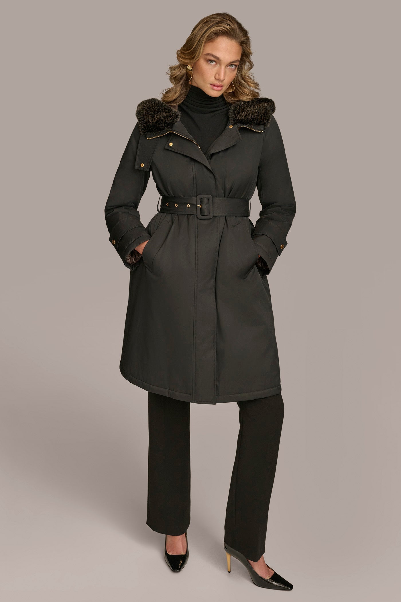 Black FAUX FUR TRIM LINED RAIN COAT Donna Karan