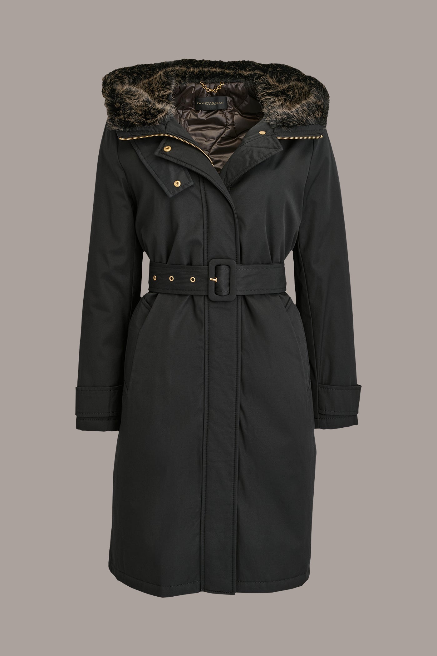 Black FAUX FUR TRIM LINED RAIN COAT Donna Karan