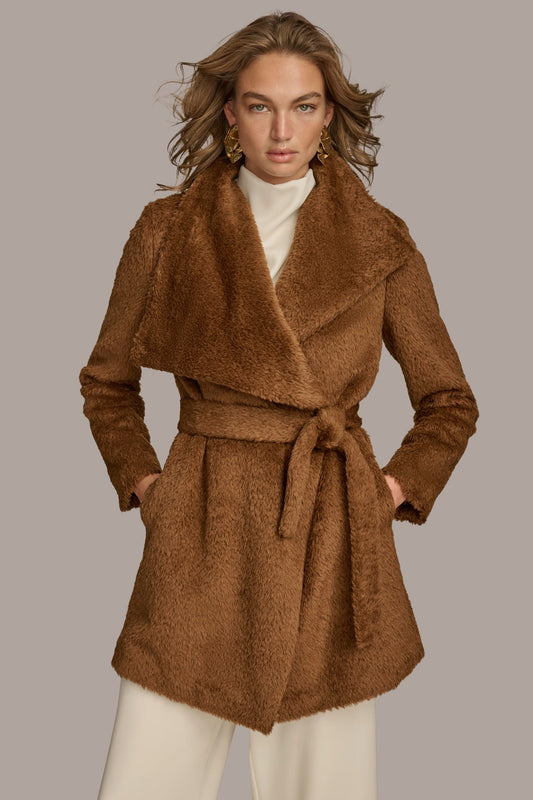 TOBACCO Belted Wool Wrap Coat Donna Karan