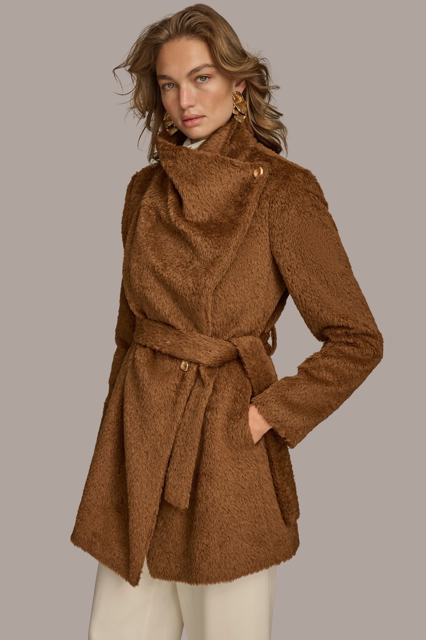 TOBACCO Belted Wool Wrap Coat Donna Karan