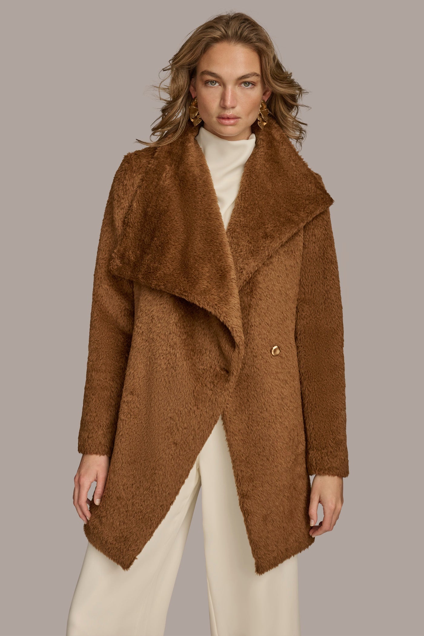 TOBACCO Belted Wool Wrap Coat Donna Karan