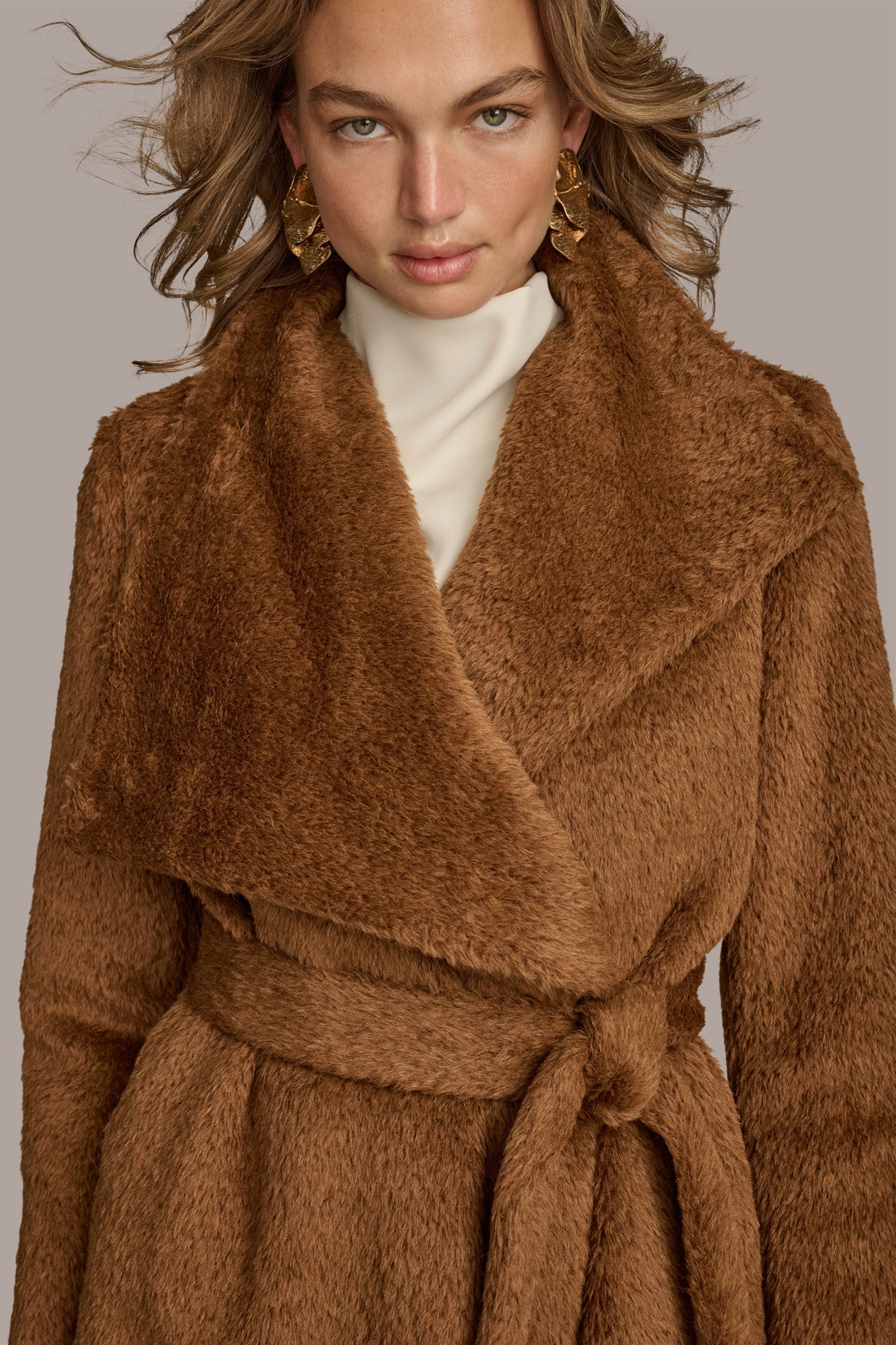 TOBACCO Belted Wool Wrap Coat Donna Karan