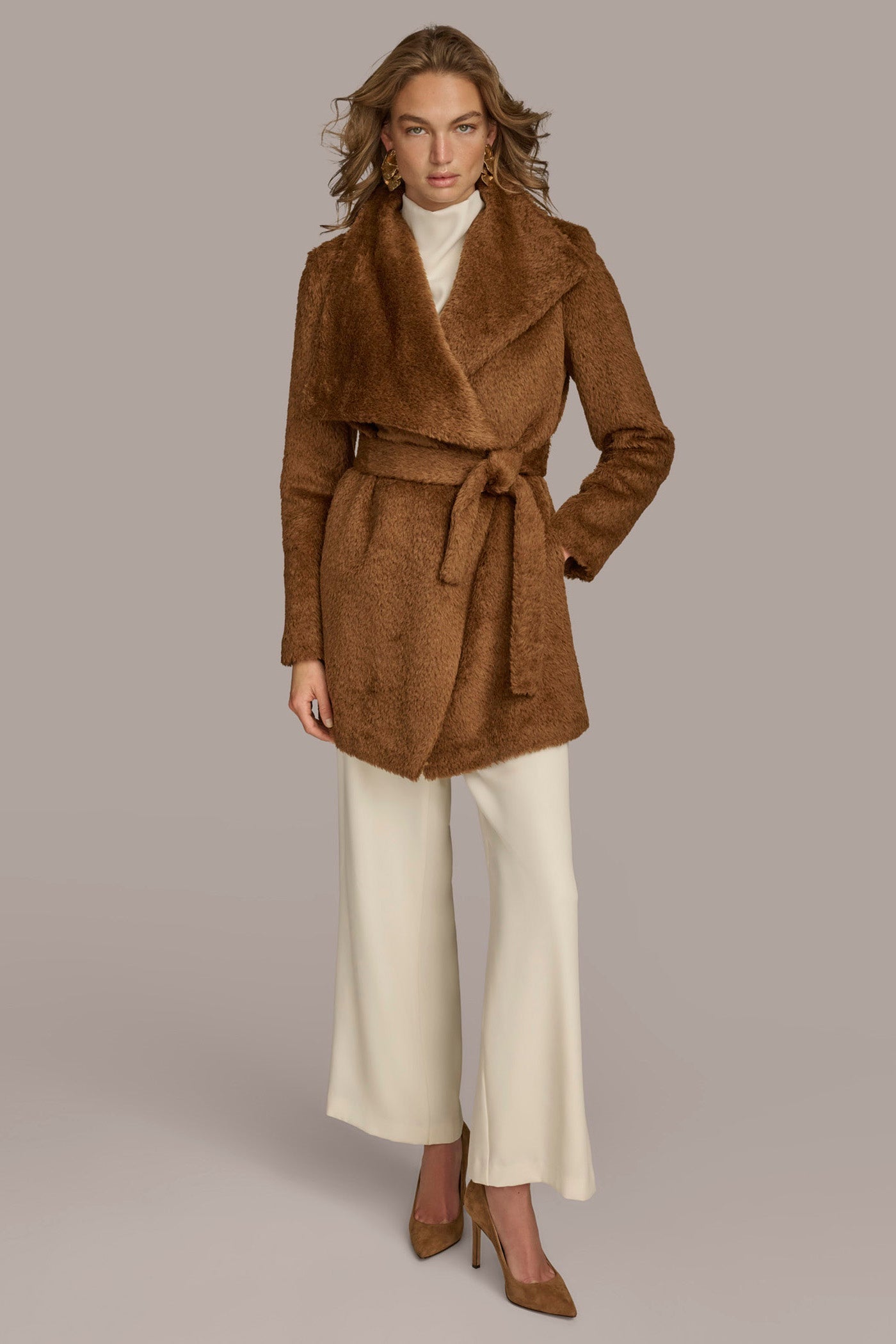 TOBACCO Belted Wool Wrap Coat Donna Karan