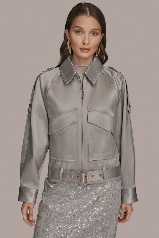 VAPOR COTTON-BLEND SATIN BIKER JACKET Donna Karan